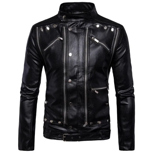 AKSR New Men's Leather Jacket Lapel Multi-Zipper Punk Style Casual Slim Coat Motorcycle Leather Faux Fur PU Jacket Hot M-5XL