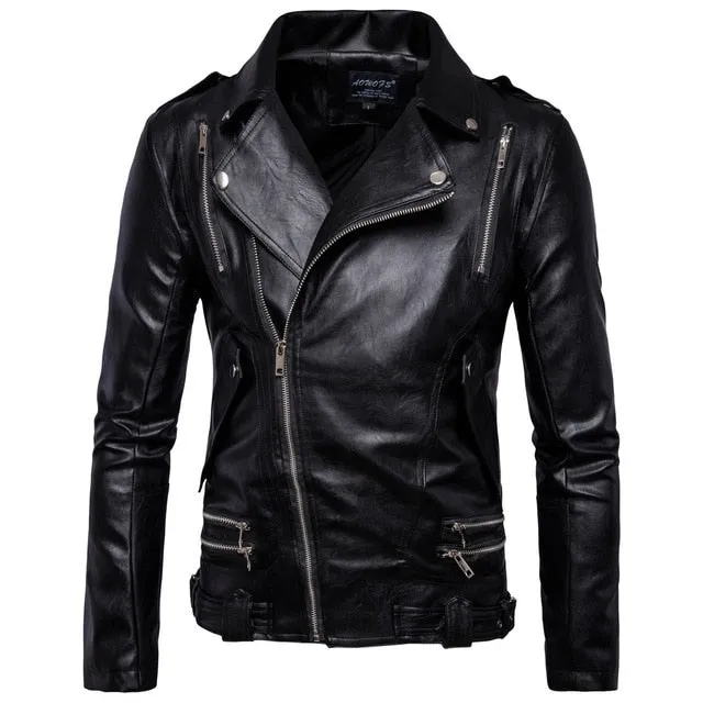 AKSR New Men's Leather Jacket Lapel Multi-Zipper Punk Style Casual Slim Coat Motorcycle Leather Faux Fur PU Jacket Hot M-5XL