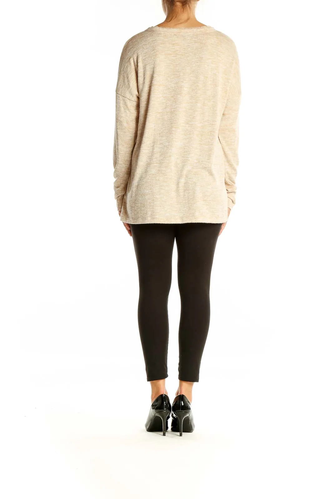 Beige V-Neck Long Sleeve Knit Sweater