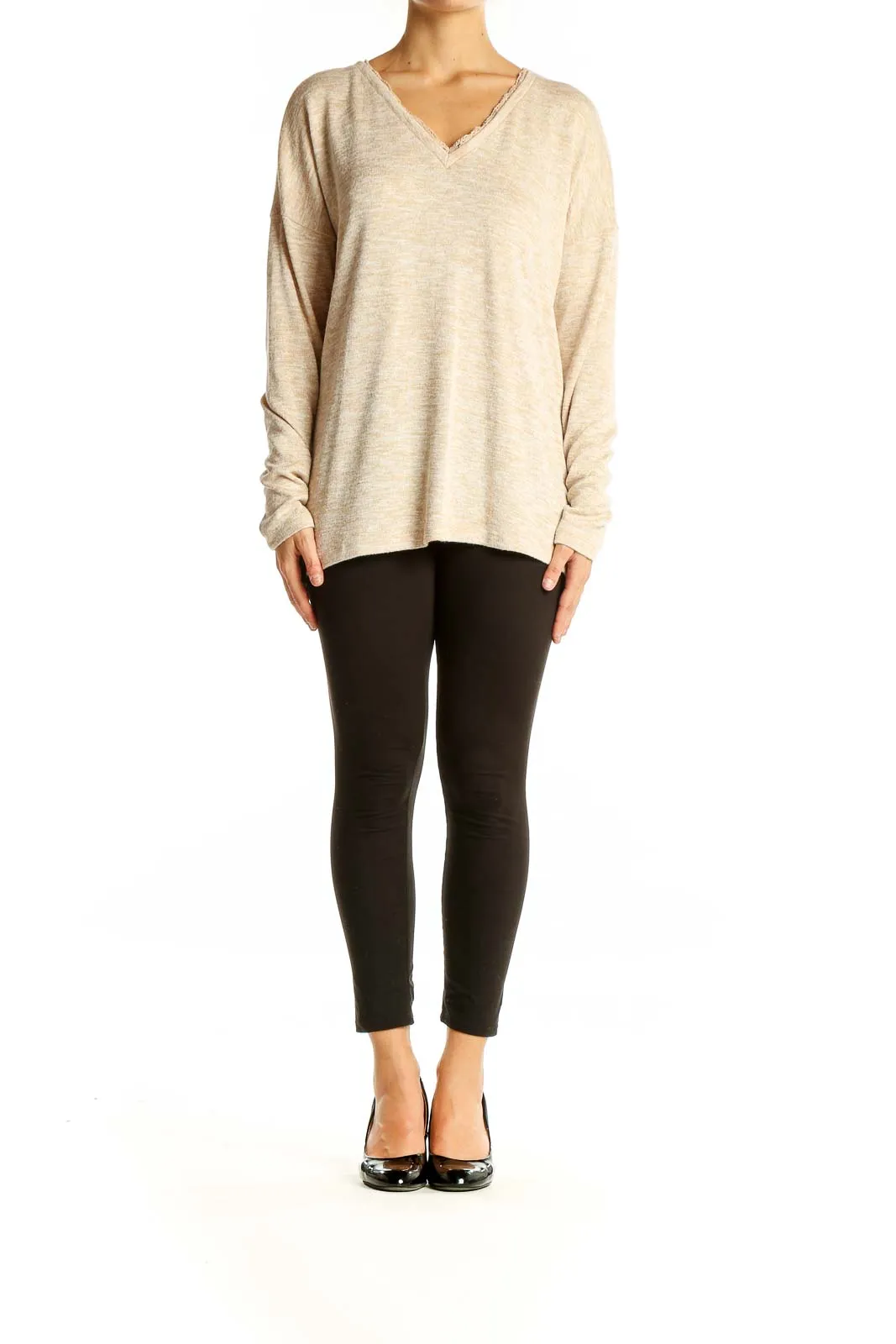 Beige V-Neck Long Sleeve Knit Sweater