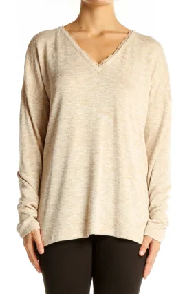 Beige V-Neck Long Sleeve Knit Sweater