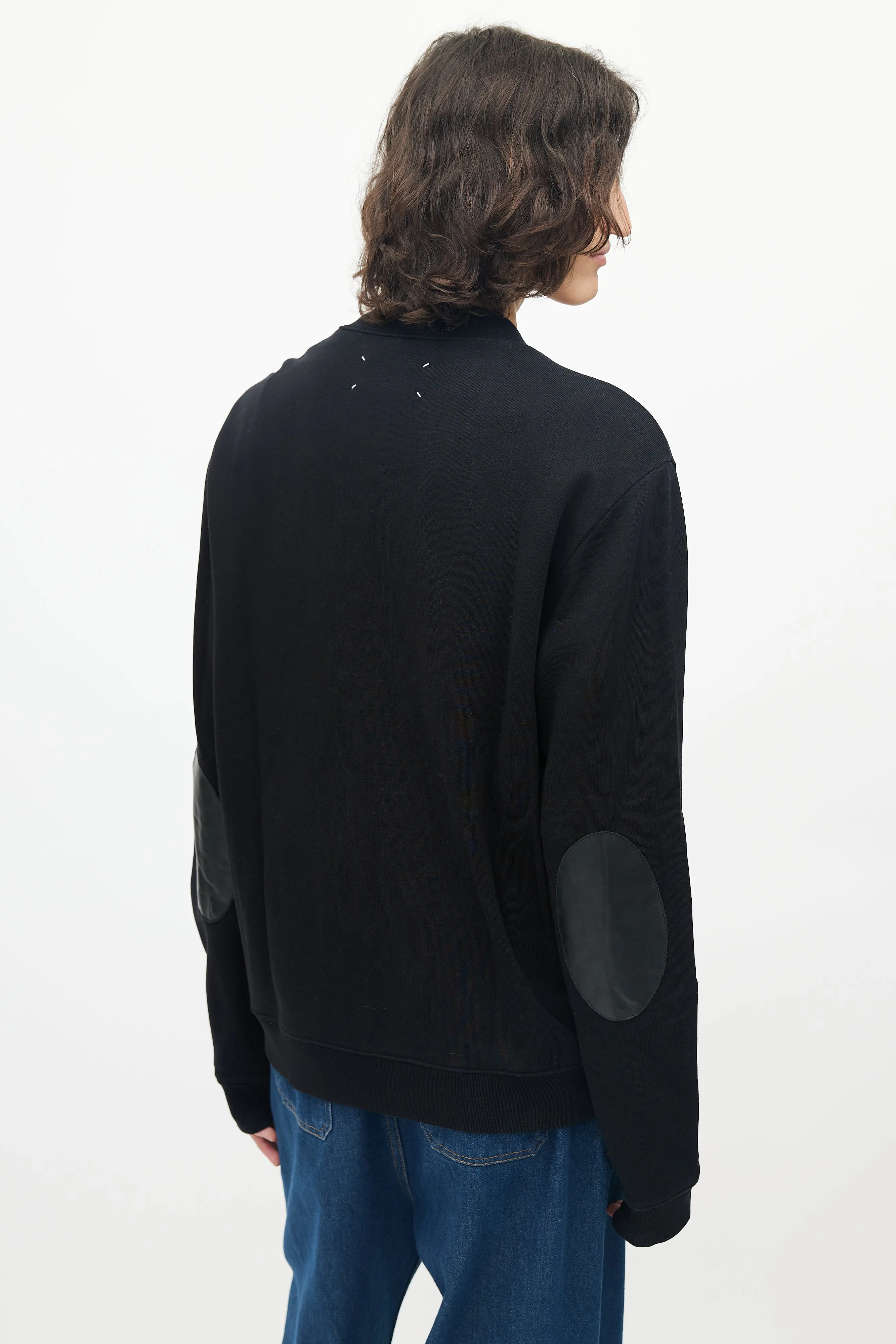 Black Cotton Elbow Patch Zip Up Sweater