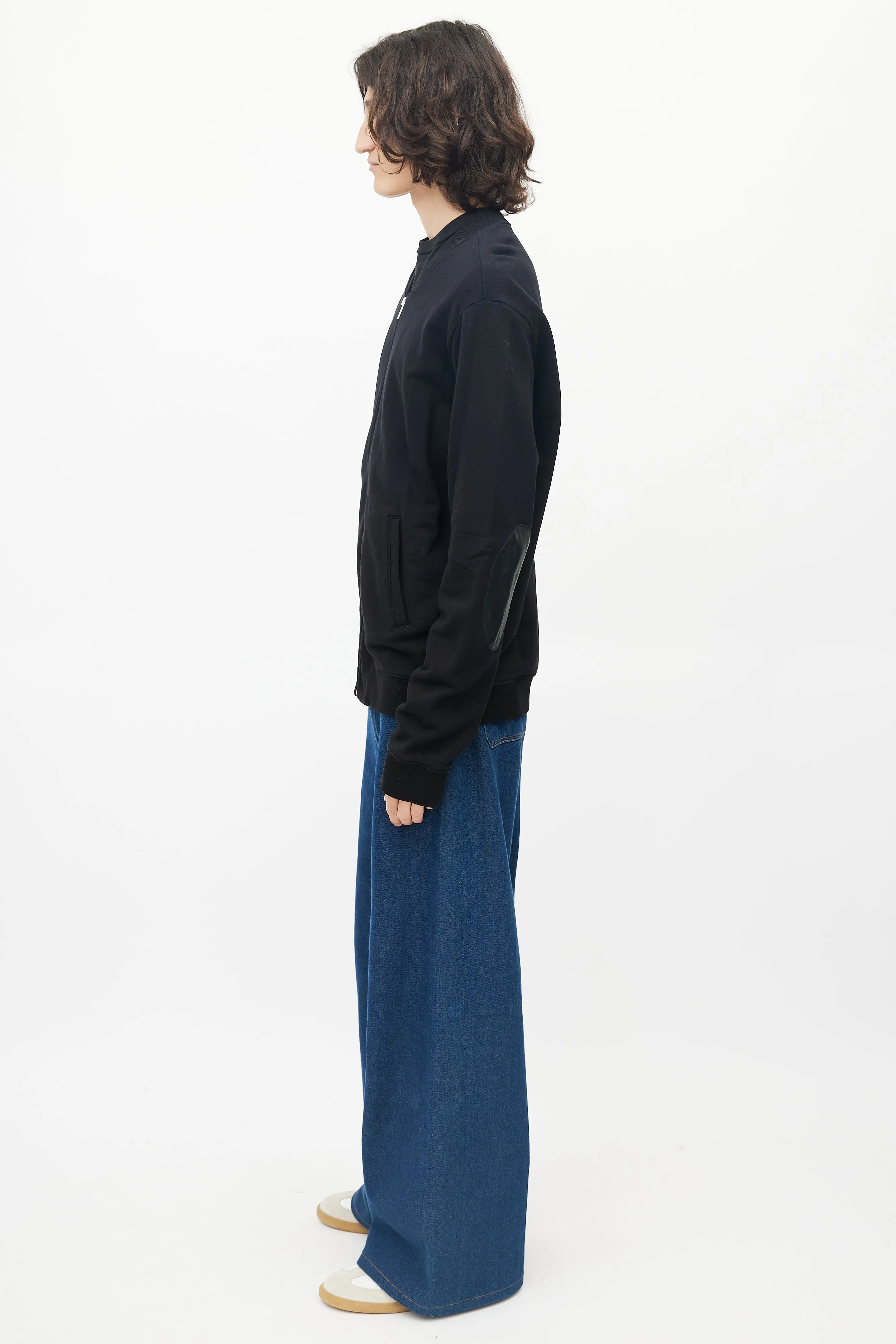 Black Cotton Elbow Patch Zip Up Sweater