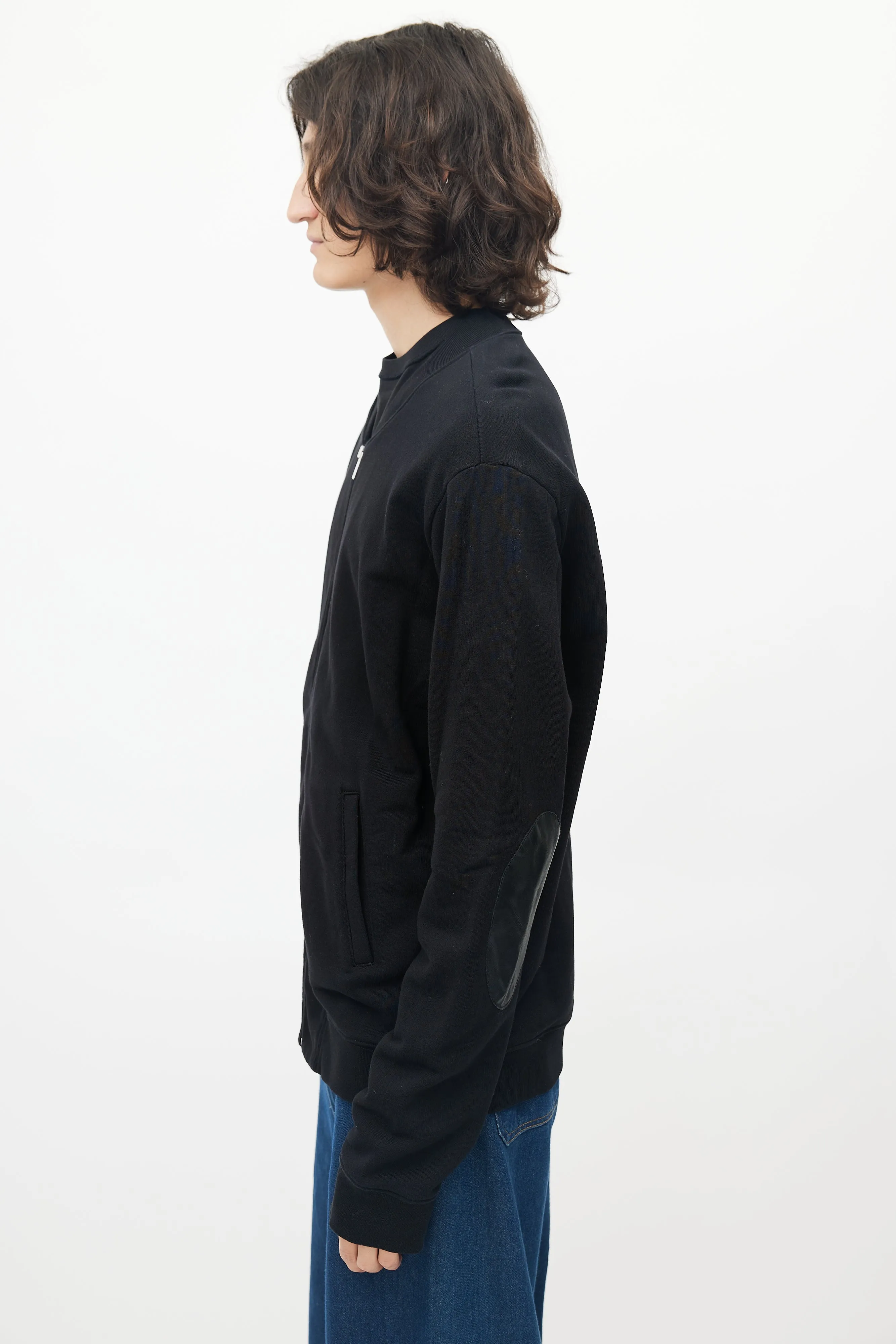 Black Cotton Elbow Patch Zip Up Sweater
