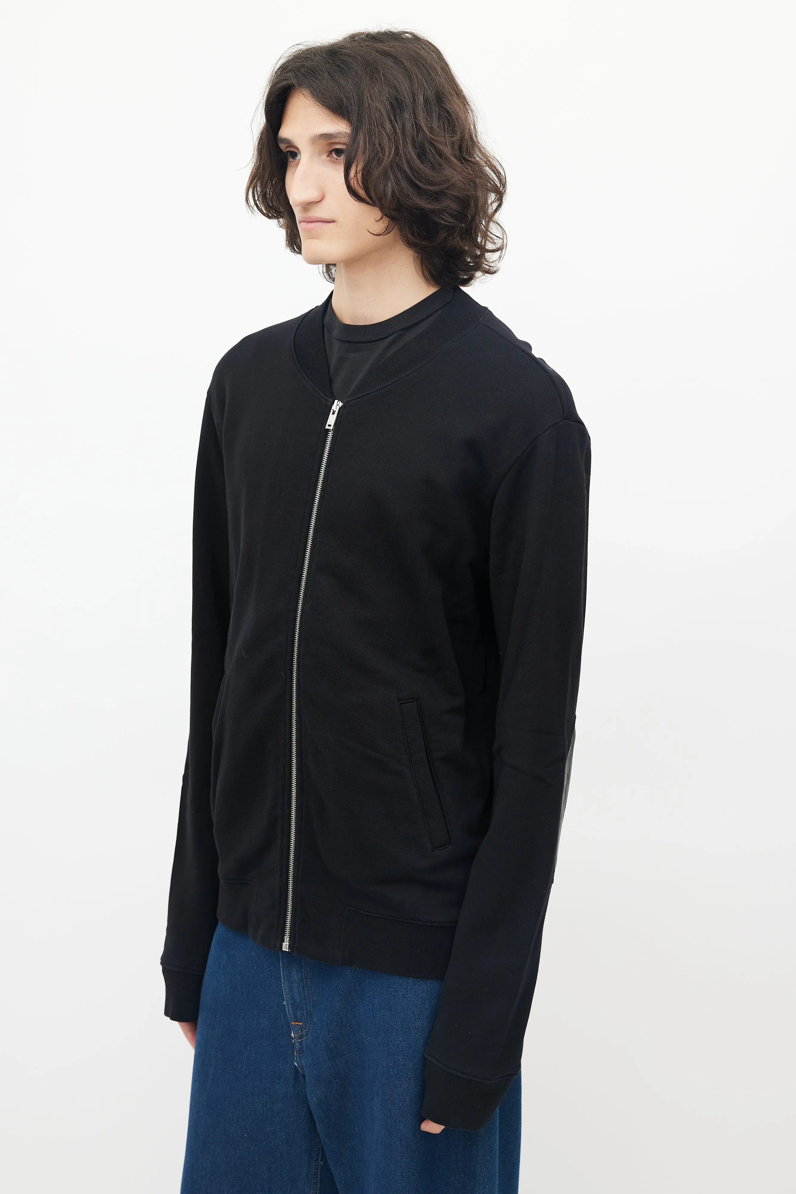Black Cotton Elbow Patch Zip Up Sweater