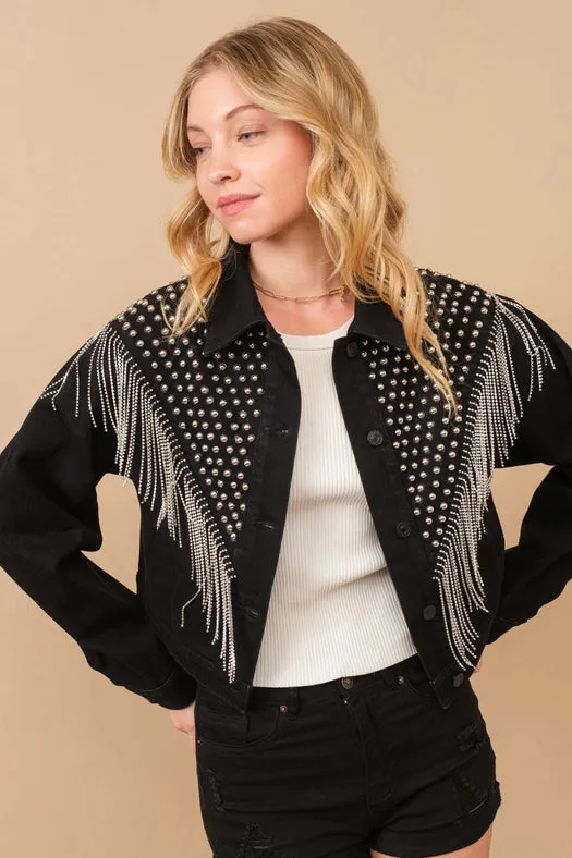Chevron Beaded Fringe Crop Denim Jacket