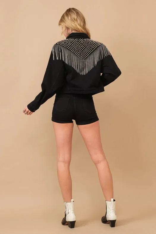 Chevron Beaded Fringe Crop Denim Jacket