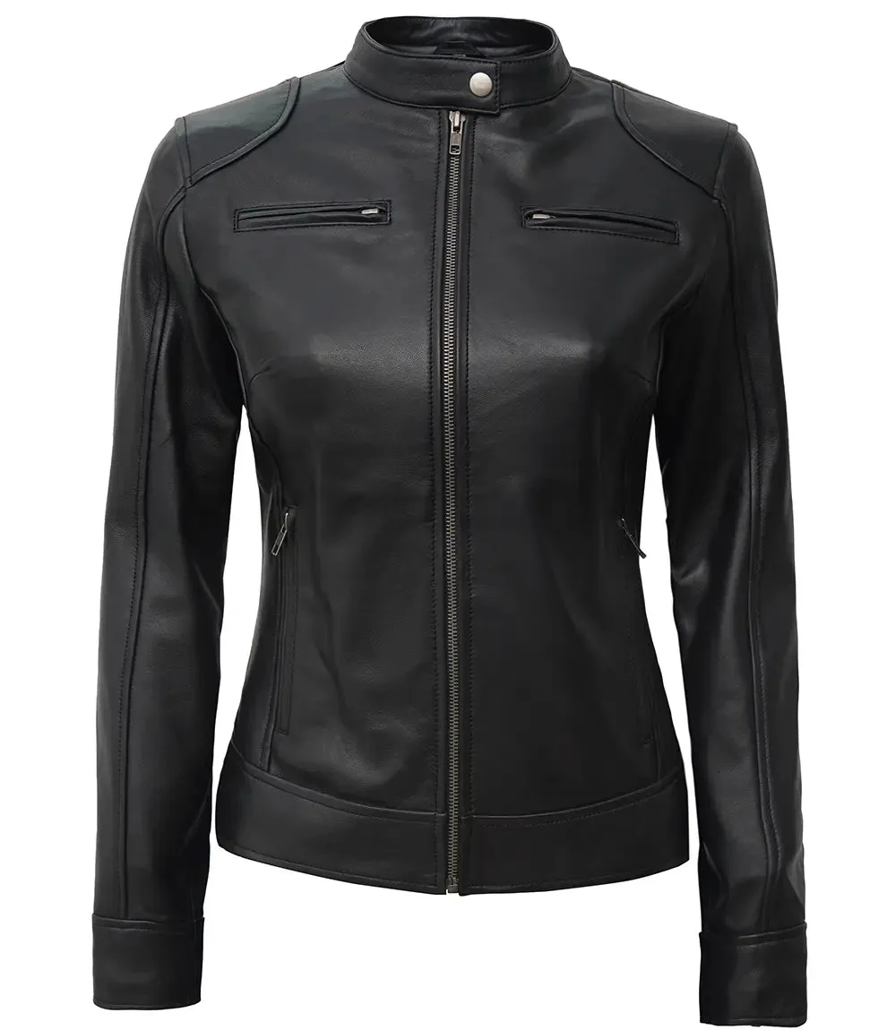 Dodge Women's Black Lambskin Leather Motorcycle Jacket