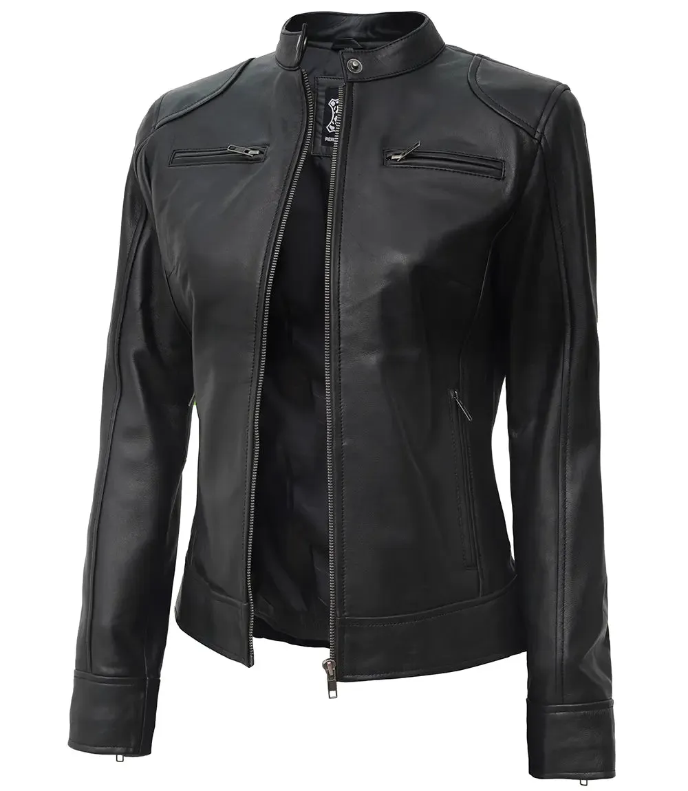 Dodge Women's Black Lambskin Leather Motorcycle Jacket