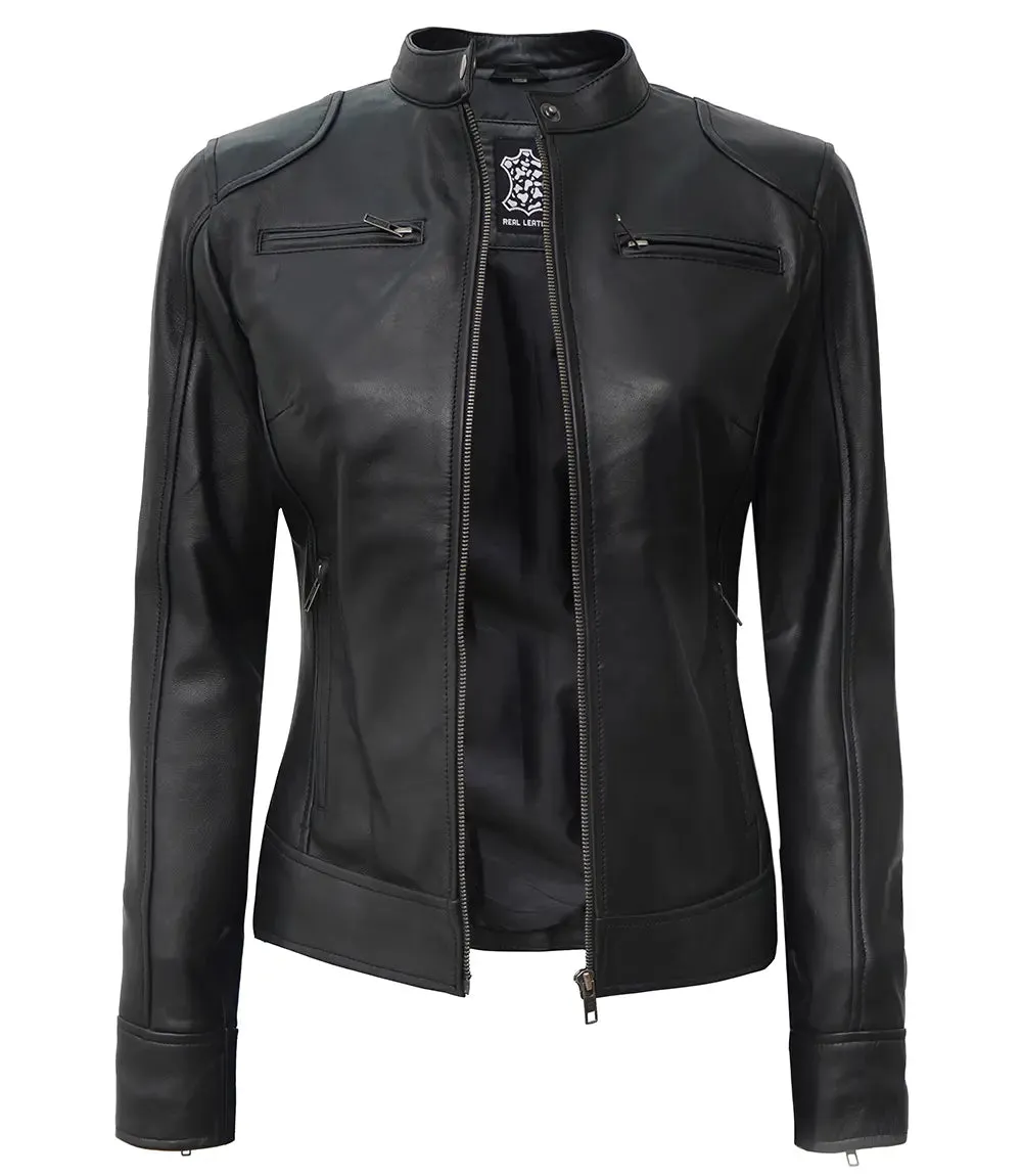 Dodge Women's Black Lambskin Leather Motorcycle Jacket