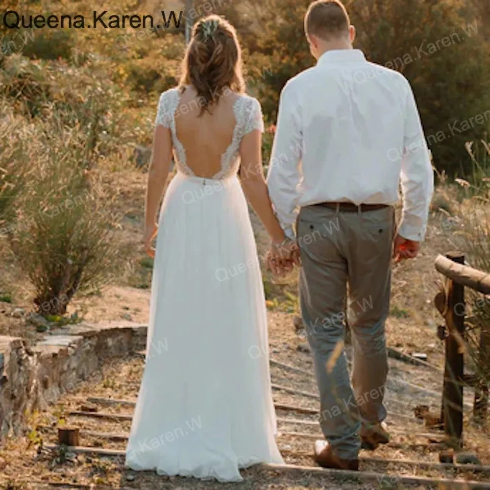 Elegant Boho A line Wedding Dress v neck lace chiffon bride dress robe de mariee A line Wedding Bridal Gown