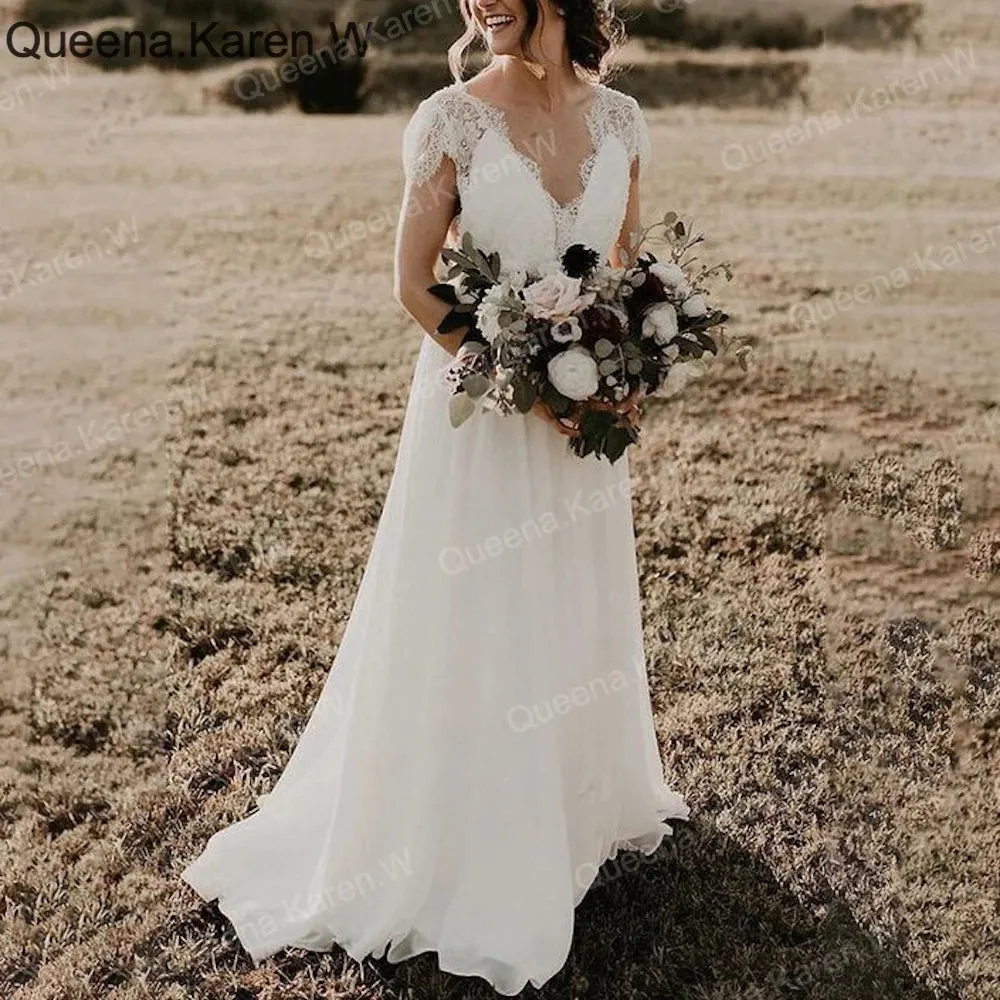 Elegant Boho A line Wedding Dress v neck lace chiffon bride dress robe de mariee A line Wedding Bridal Gown