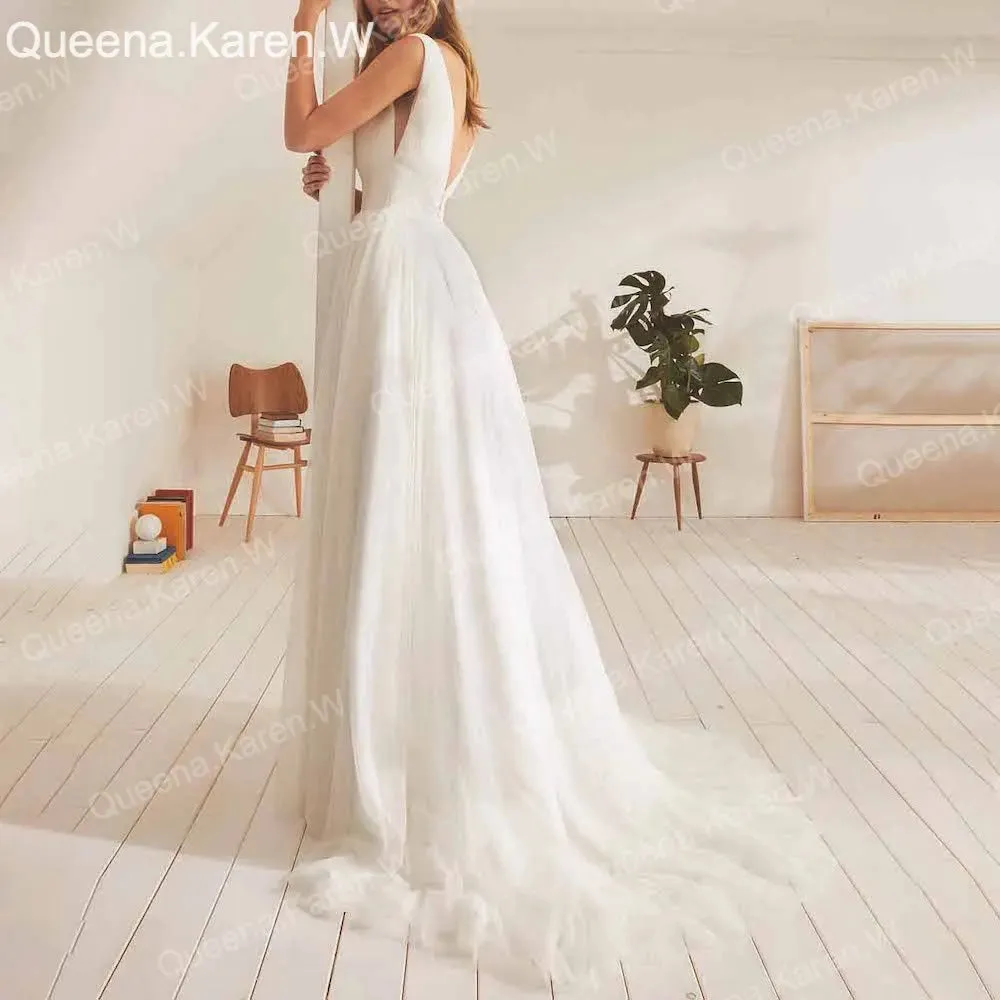 Elegant Boho A line Wedding Dress V neck tulle bride dress robe de mariee A line Wedding Bridal Gown
