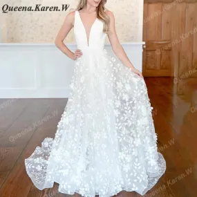 Elegant Boho Wedding Dress V Neck lace applique bride dress robe de mariee A line Wedding Bridal Gown