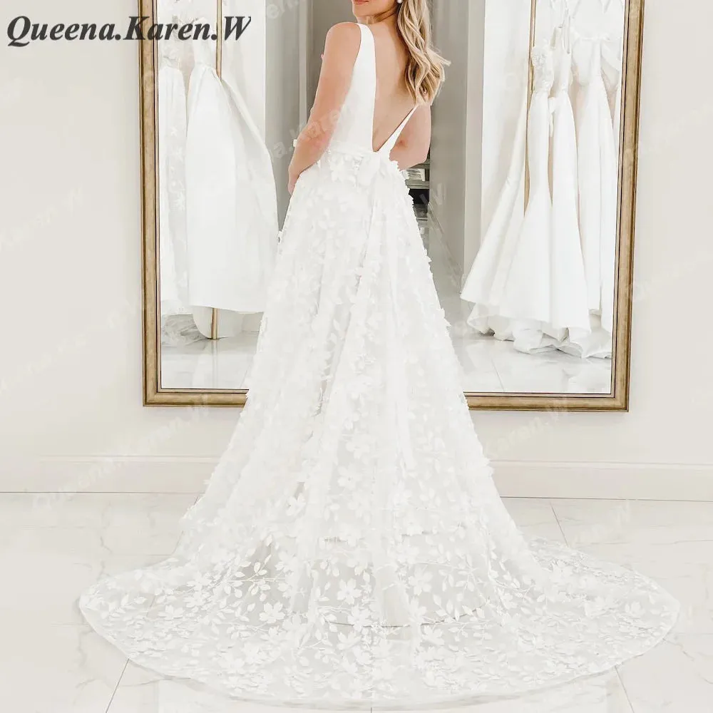 Elegant Boho Wedding Dress V Neck lace applique bride dress robe de mariee A line Wedding Bridal Gown