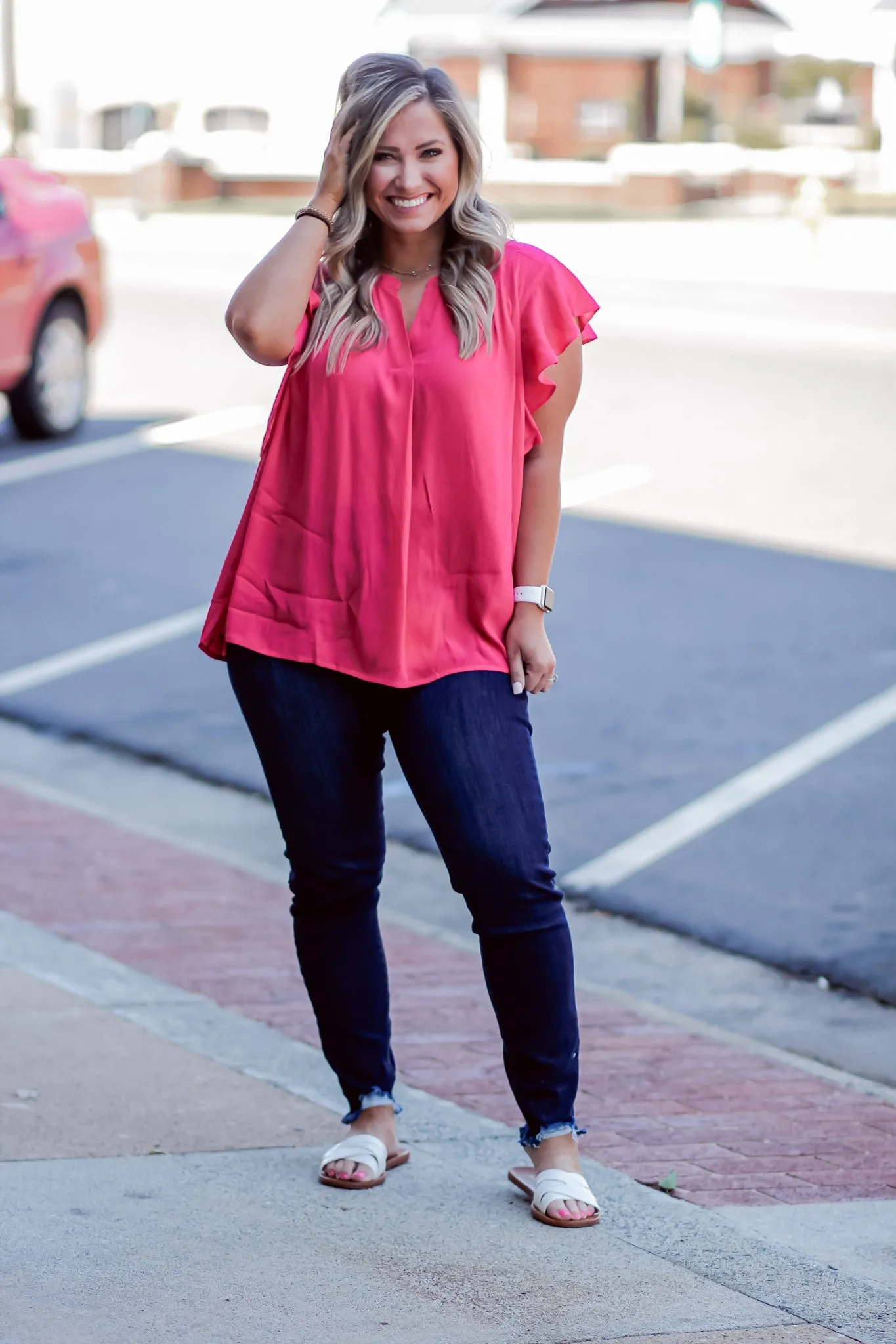 Fuchsia Ruffle Detail Woven Blouse