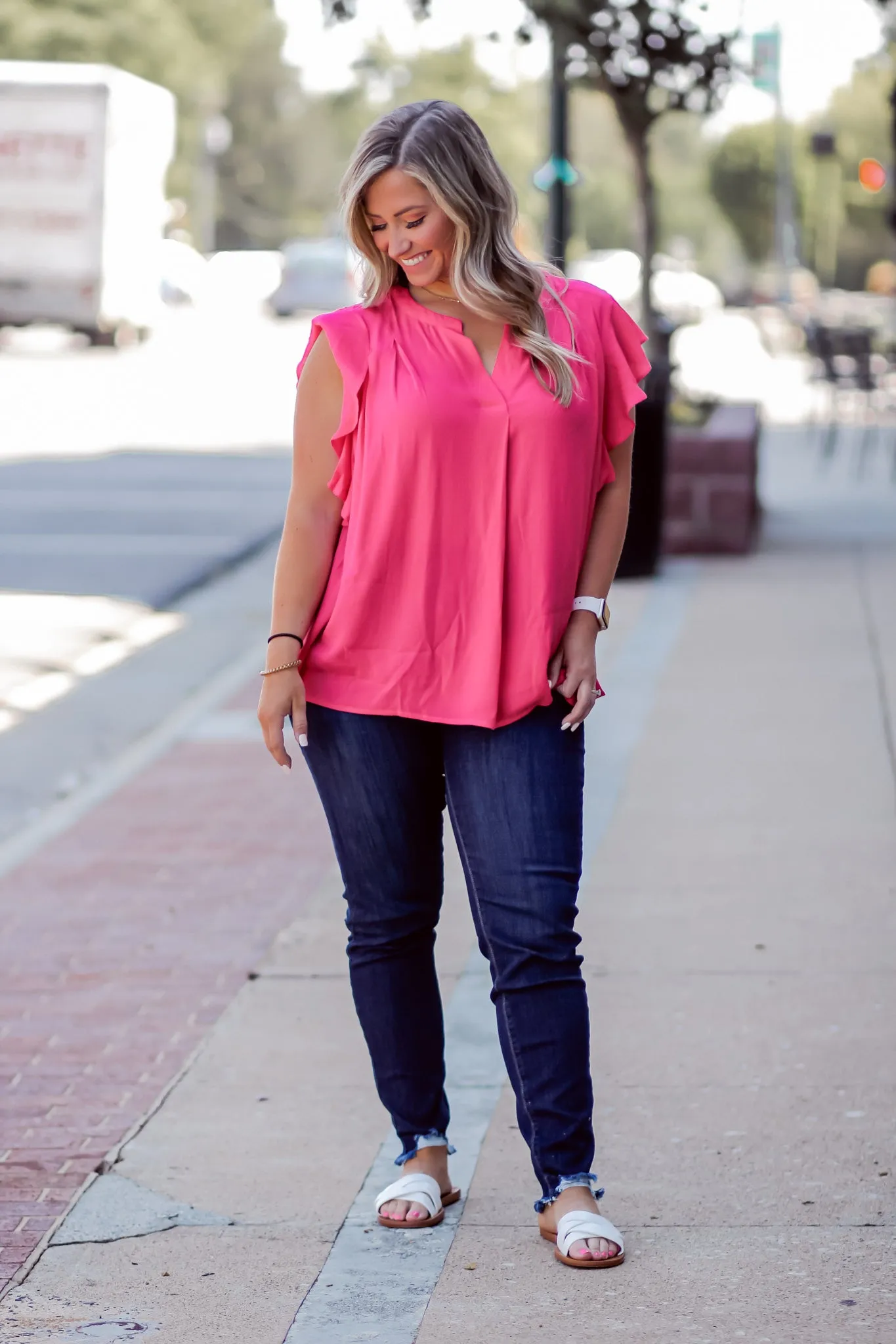 Fuchsia Ruffle Detail Woven Blouse