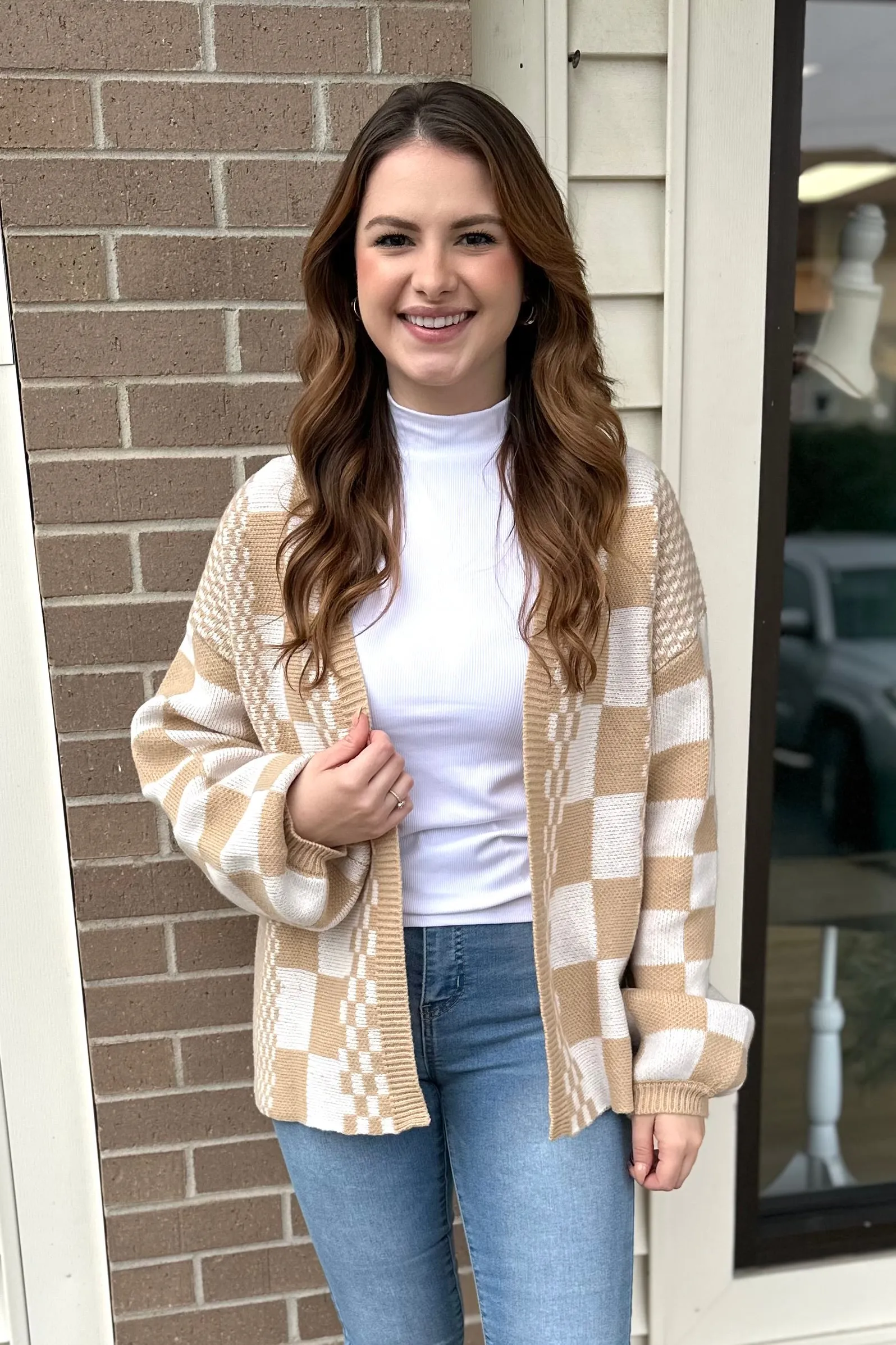 LAYLA Checkered Open Front Cardigan