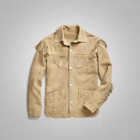 Mens Brown Western Suede Leather Jacket With Beads Fringes