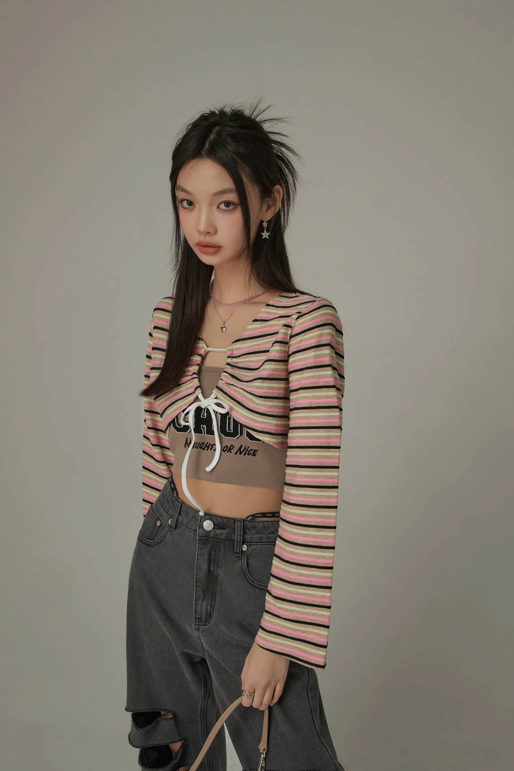 Multi-Color Front Ribbon Striped Bolero Cardigan