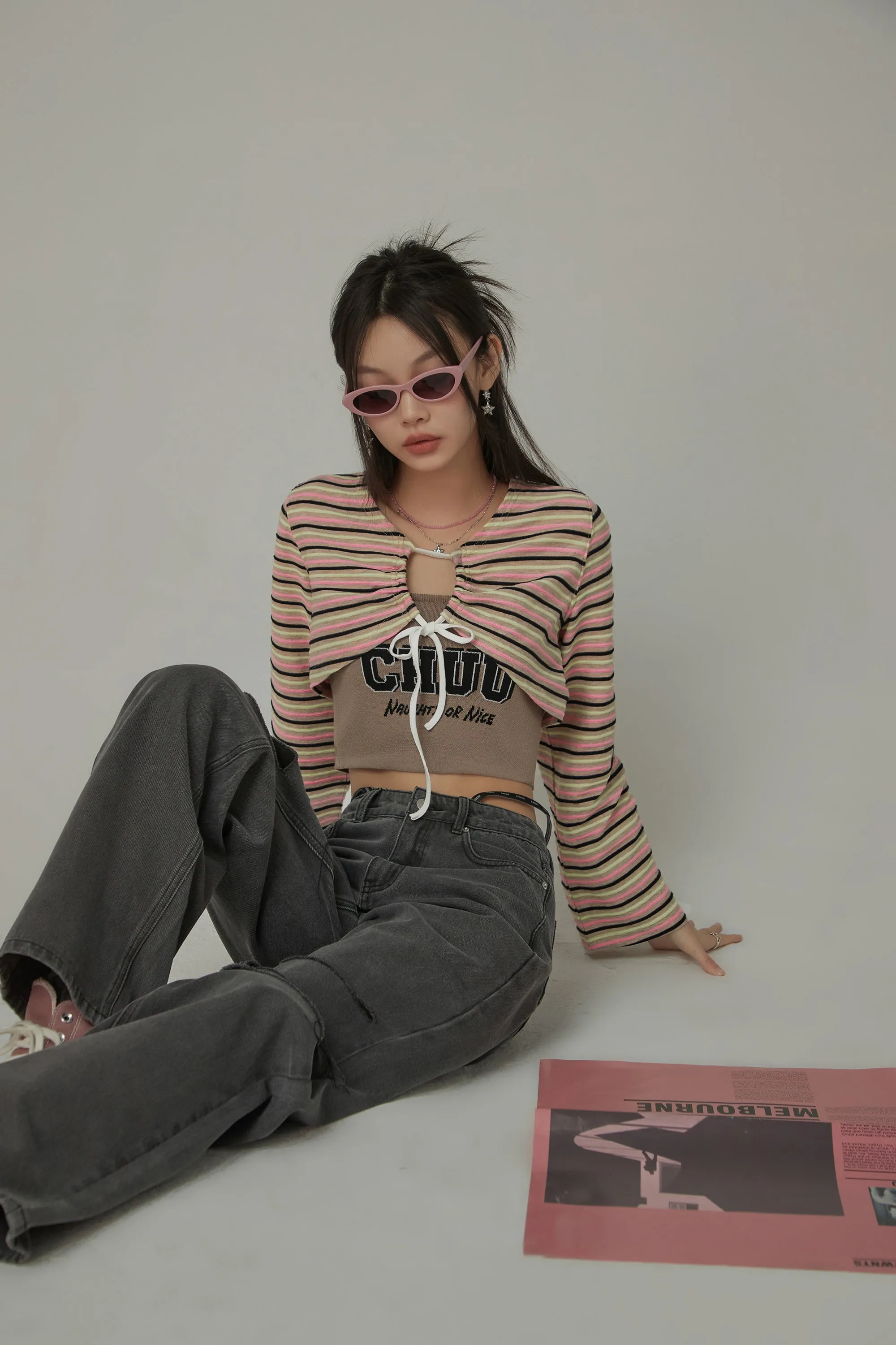 Multi-Color Front Ribbon Striped Bolero Cardigan