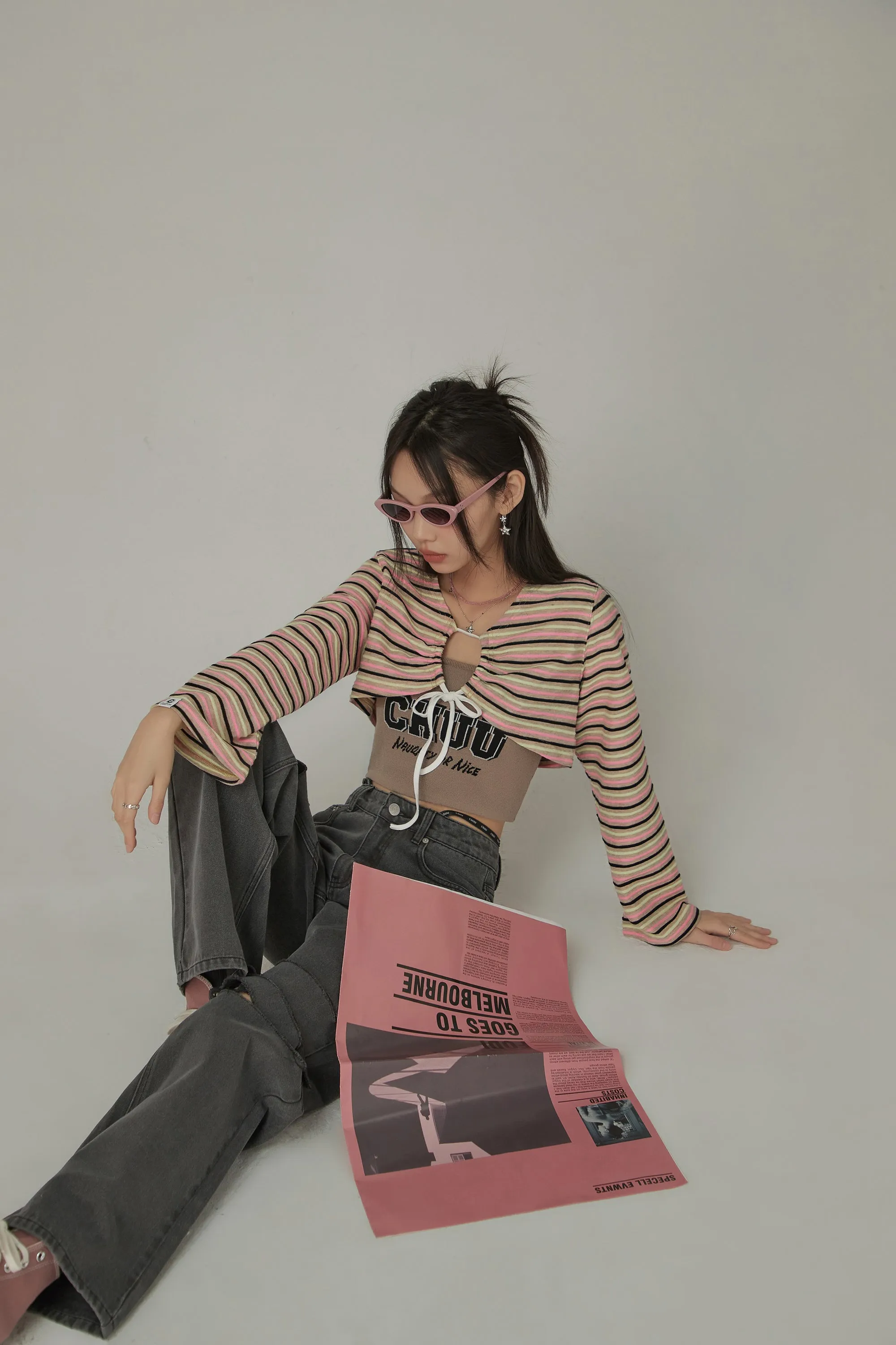 Multi-Color Front Ribbon Striped Bolero Cardigan