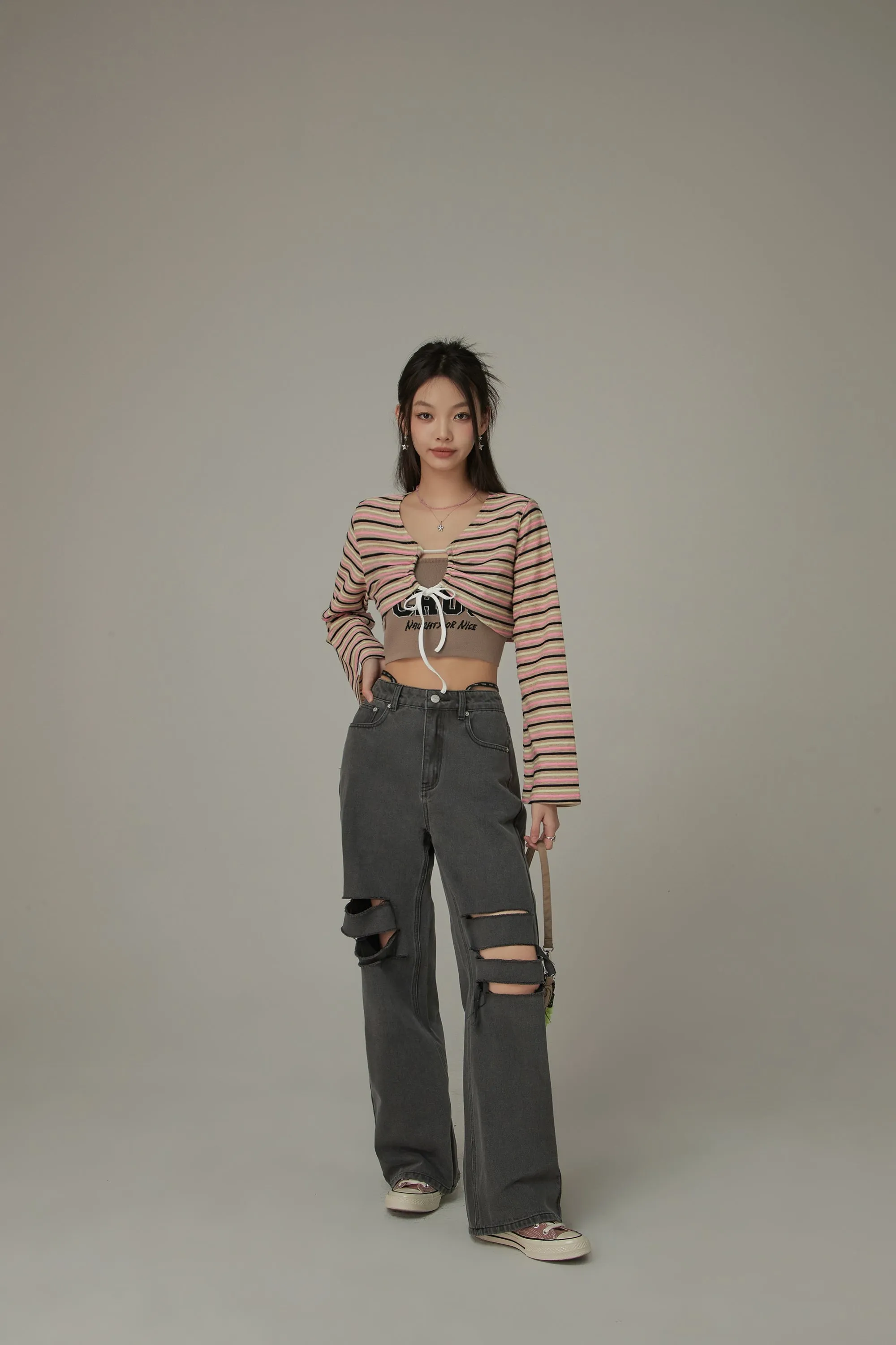 Multi-Color Front Ribbon Striped Bolero Cardigan