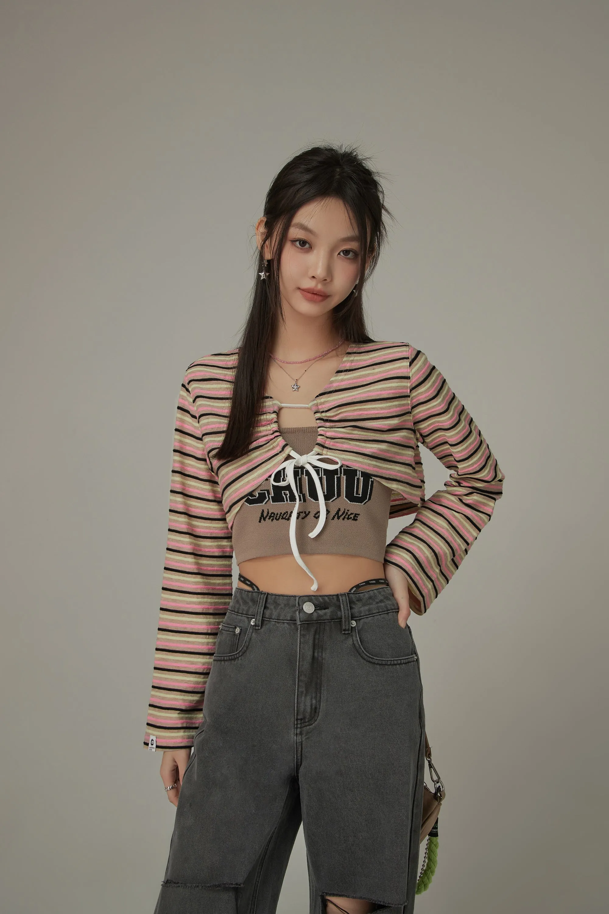 Multi-Color Front Ribbon Striped Bolero Cardigan