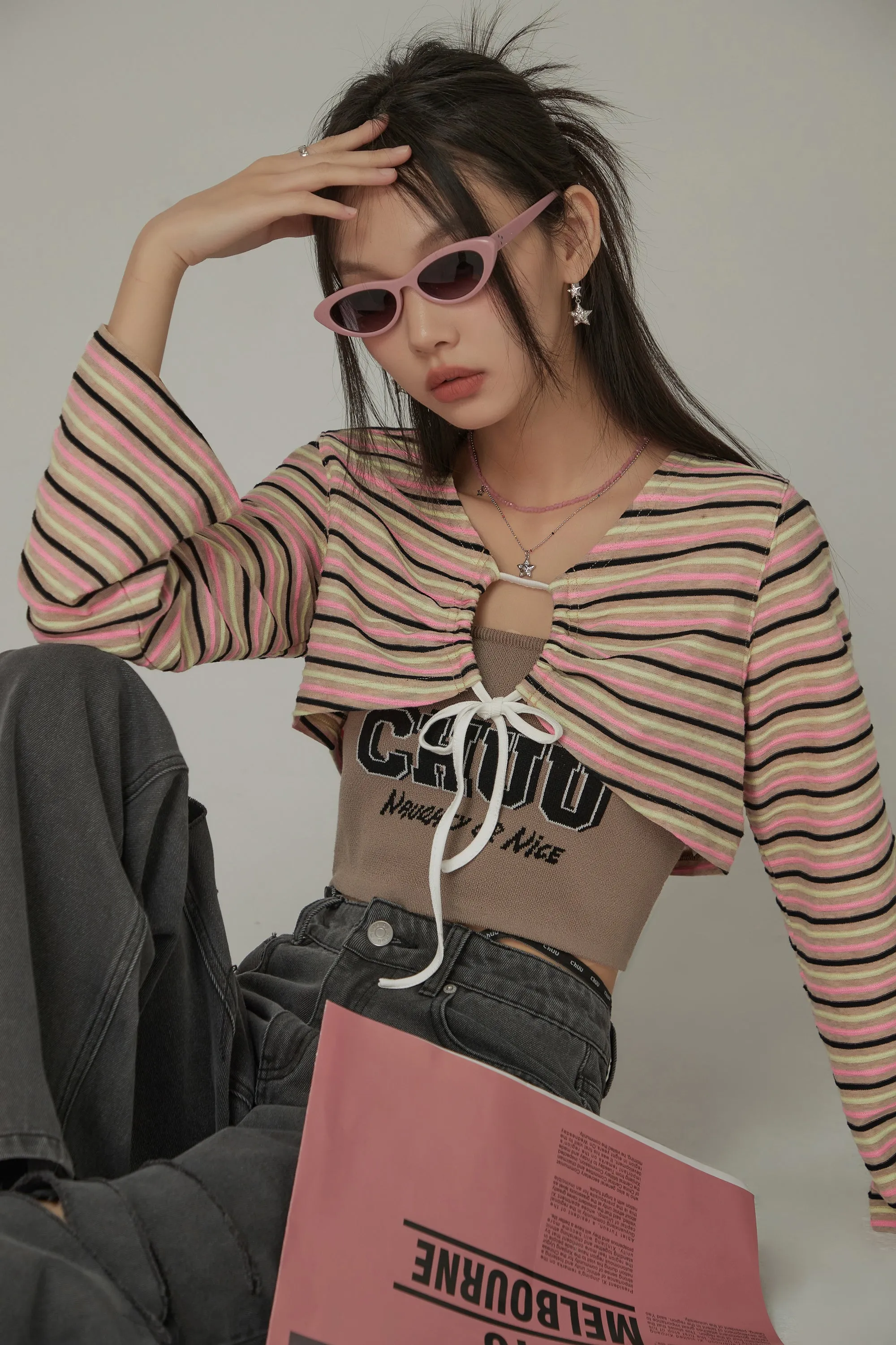 Multi-Color Front Ribbon Striped Bolero Cardigan