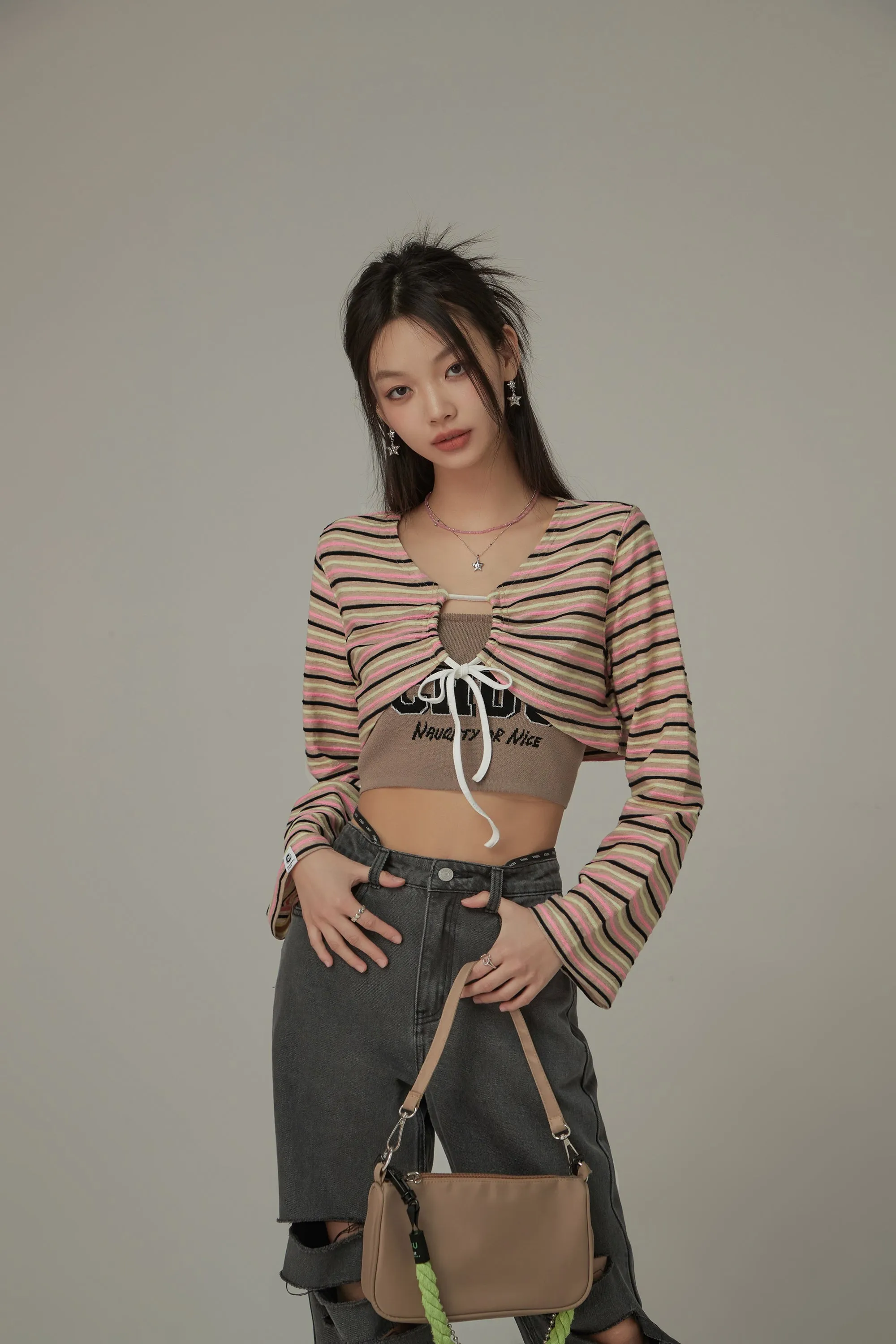 Multi-Color Front Ribbon Striped Bolero Cardigan