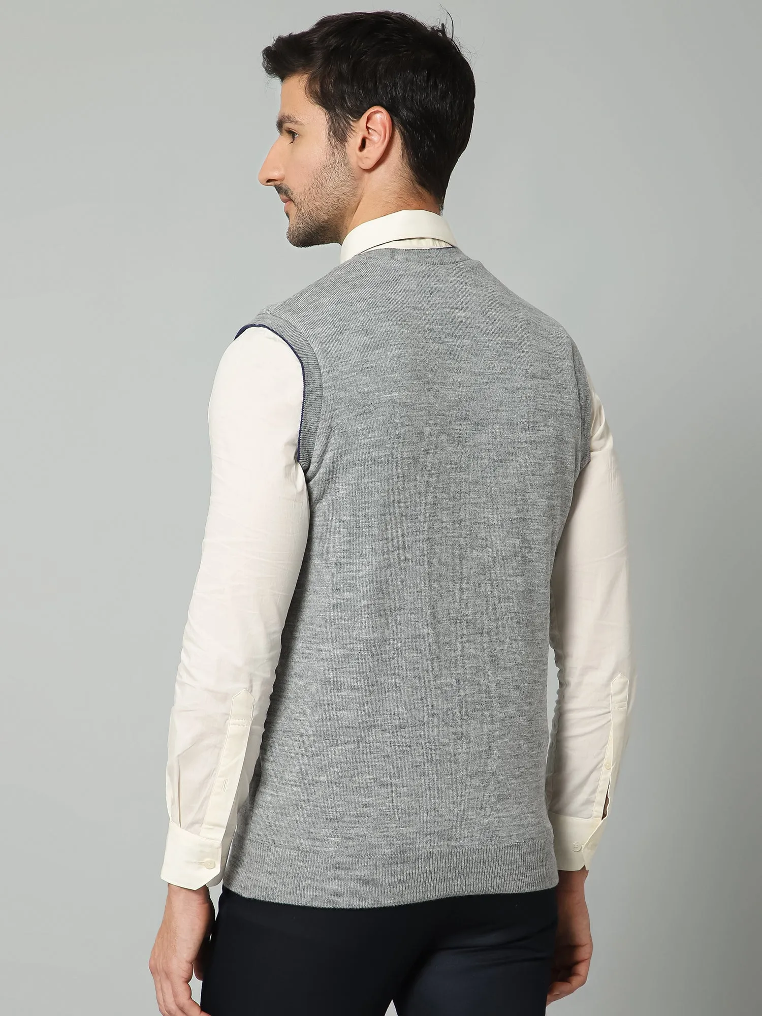 Printed Navy and Grey Sleeveless V Neck Regular Fit Reversible Casual Sweater for Men