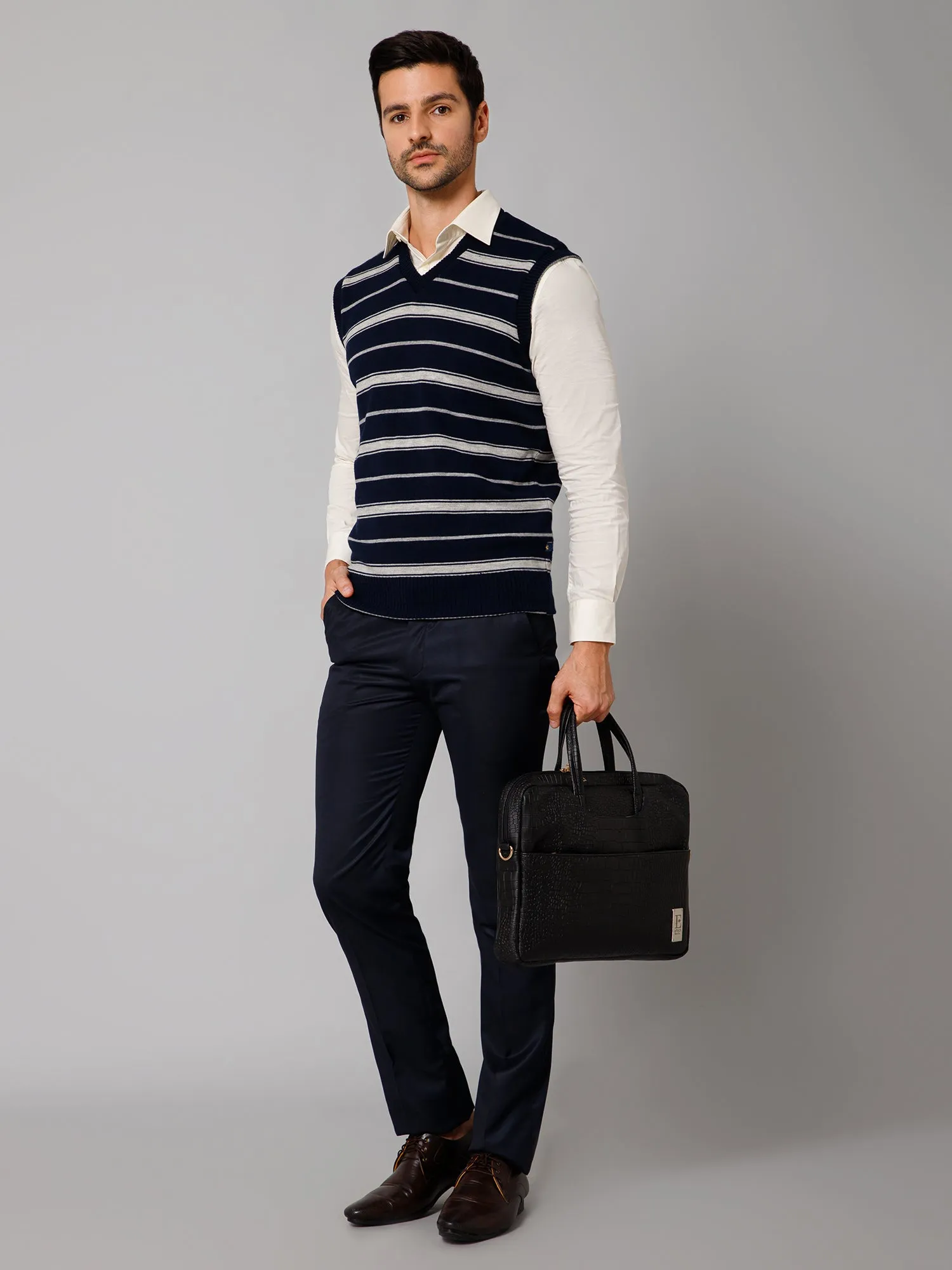 Printed Navy and Grey Sleeveless V Neck Regular Fit Reversible Casual Sweater for Men