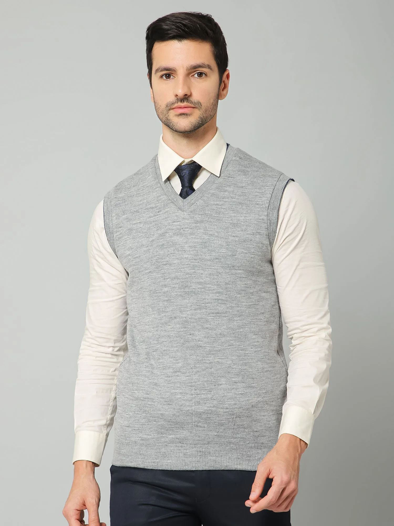Printed Navy and Grey Sleeveless V Neck Regular Fit Reversible Casual Sweater for Men