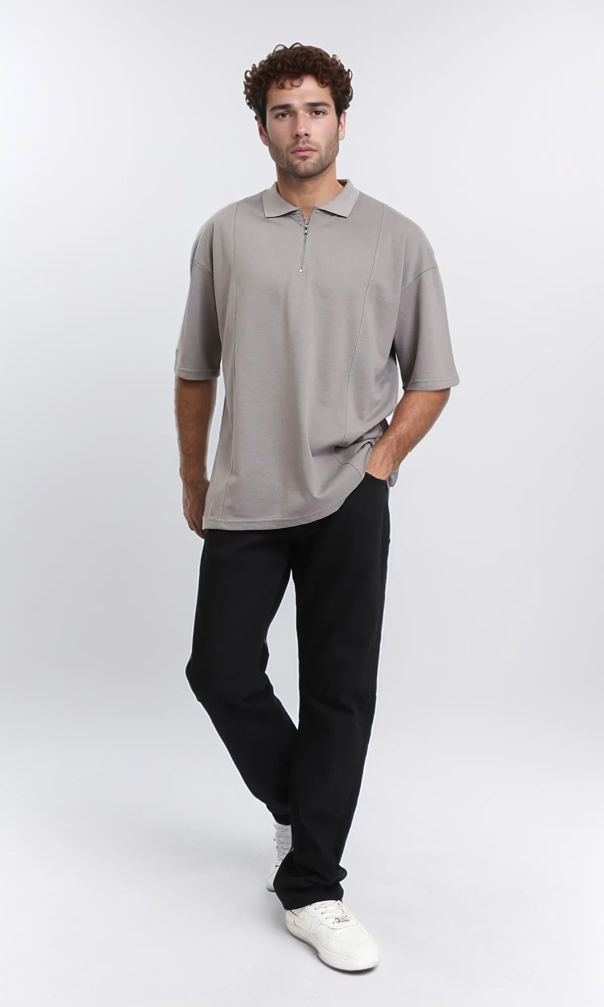 R210628 - Relaxed Fit Zipped Polo Shirt - Taupe