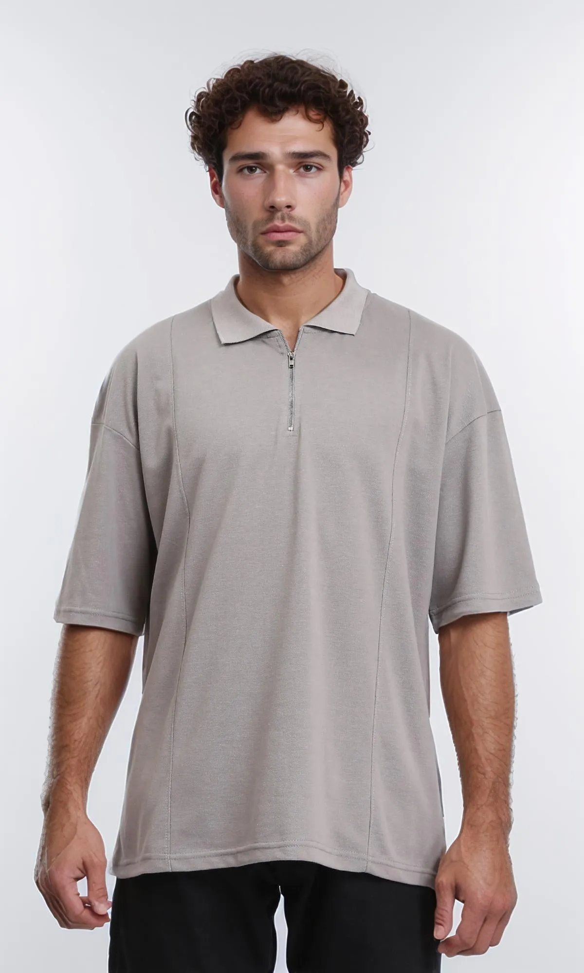 R210628 - Relaxed Fit Zipped Polo Shirt - Taupe