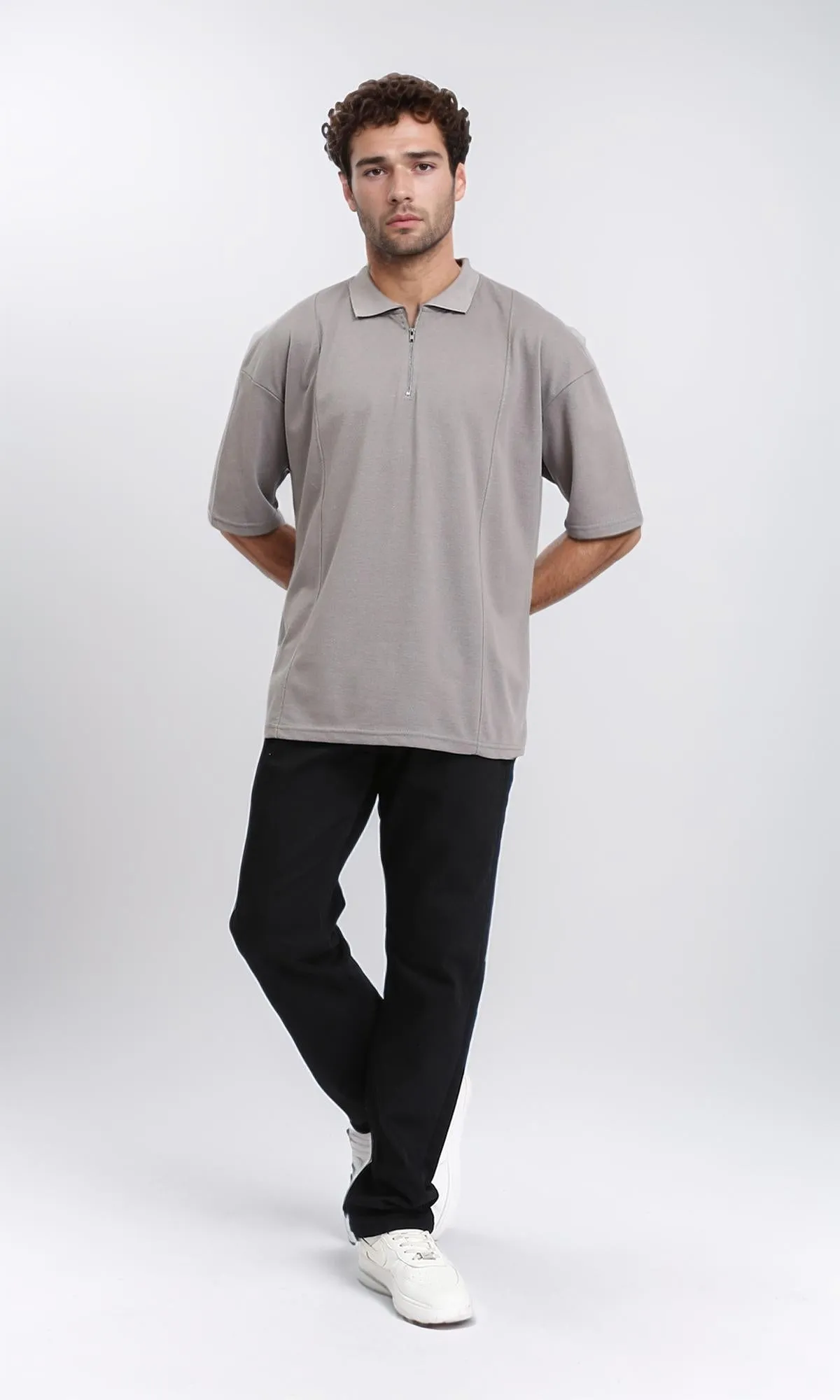 R210628 - Relaxed Fit Zipped Polo Shirt - Taupe