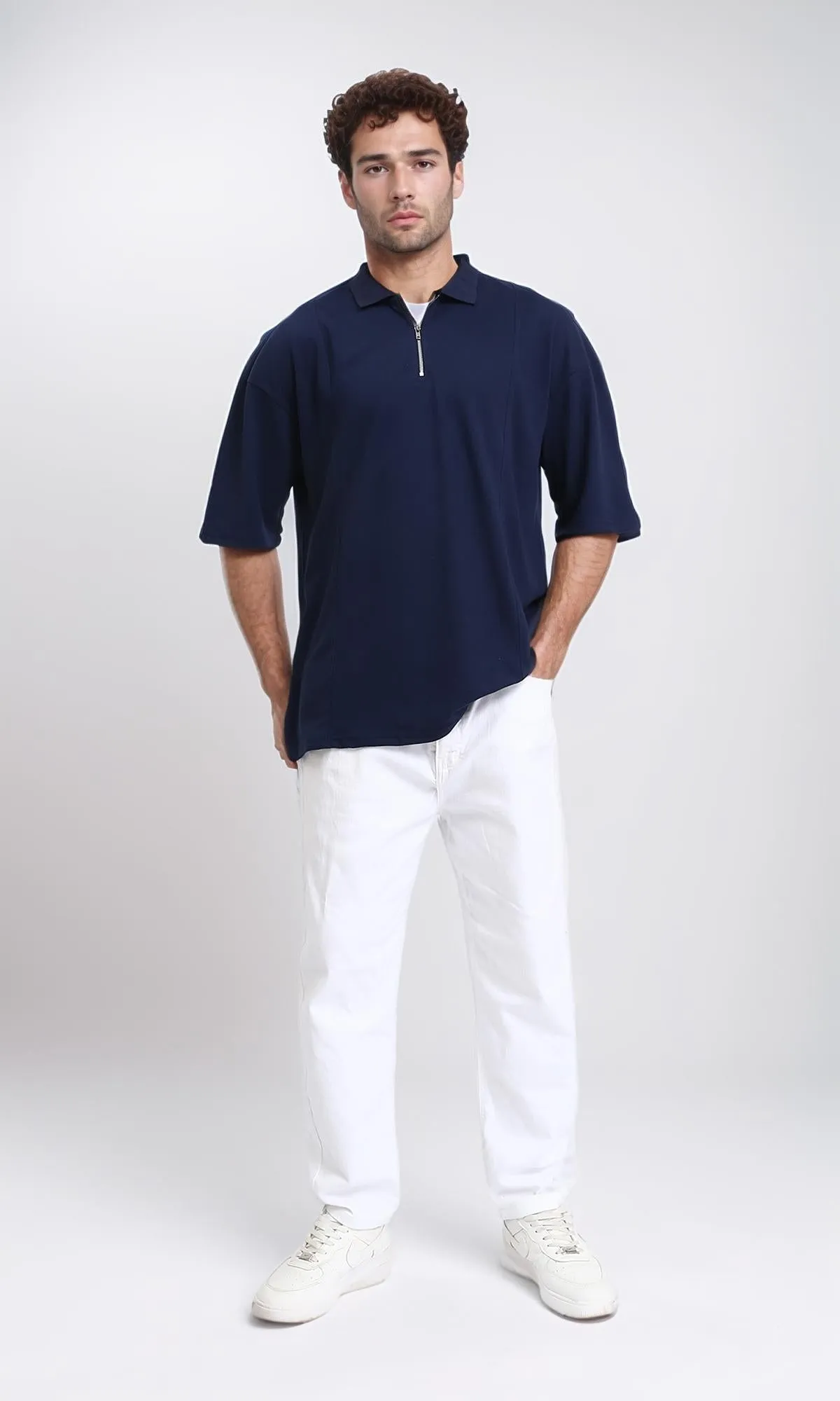 R210629 - Relaxed Fit Zipped Polo Shirt - Navy Blue