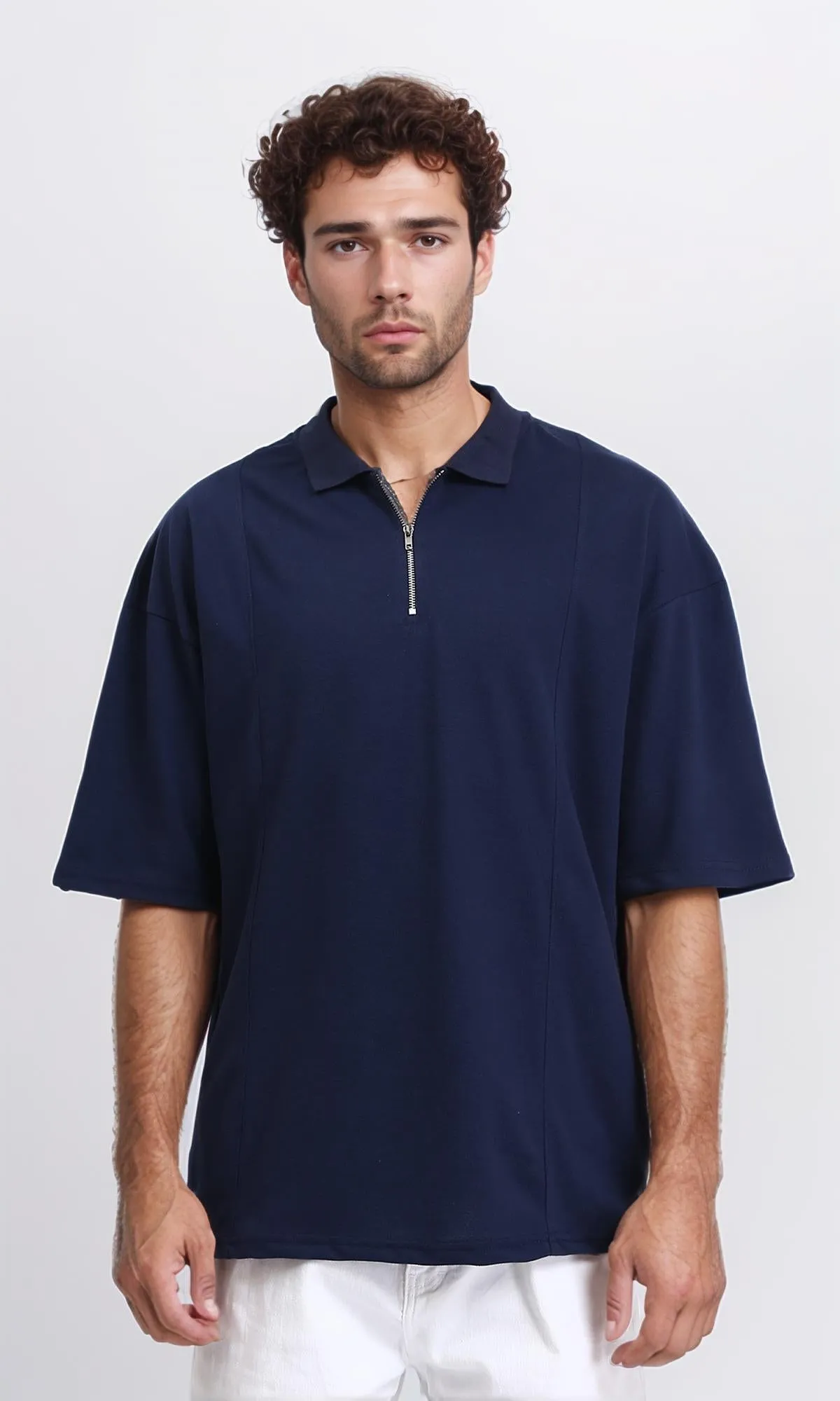 R210629 - Relaxed Fit Zipped Polo Shirt - Navy Blue