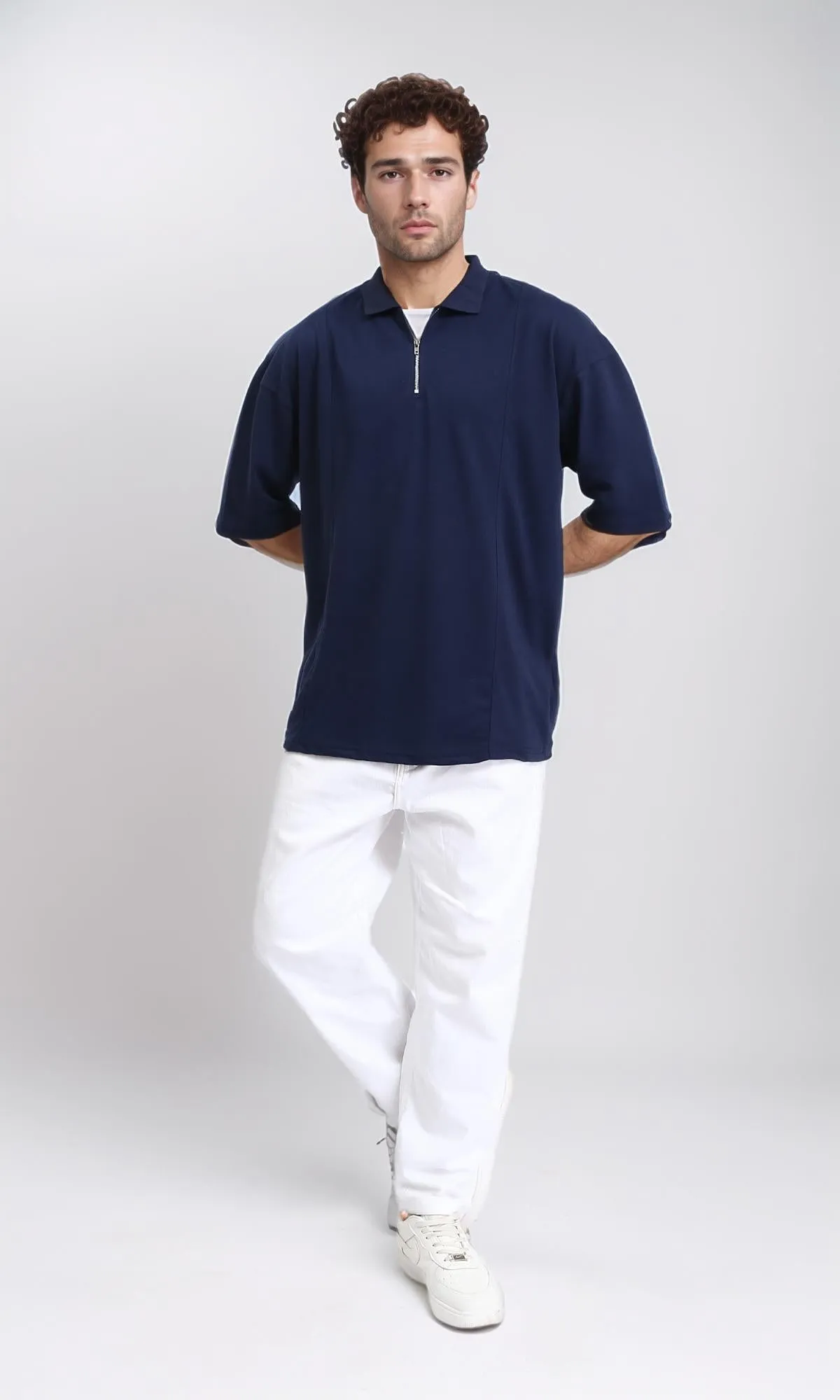 R210629 - Relaxed Fit Zipped Polo Shirt - Navy Blue