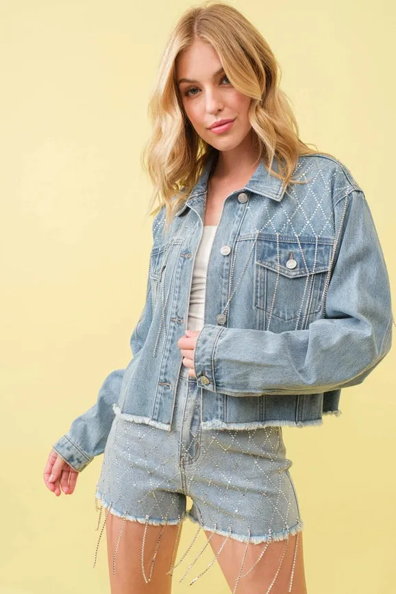 Rhinestone Chain Links Denim Jacket