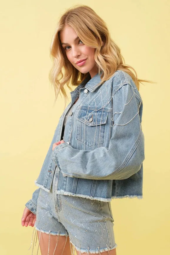 Rhinestone Chain Links Denim Jacket