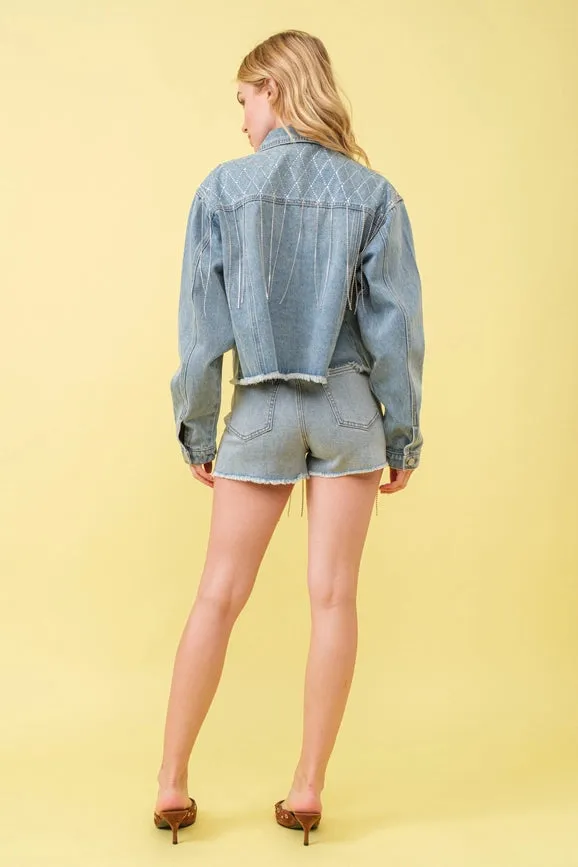 Rhinestone Chain Links Denim Jacket