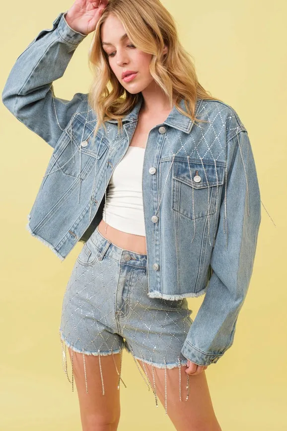 Rhinestone Chain Links Denim Jacket
