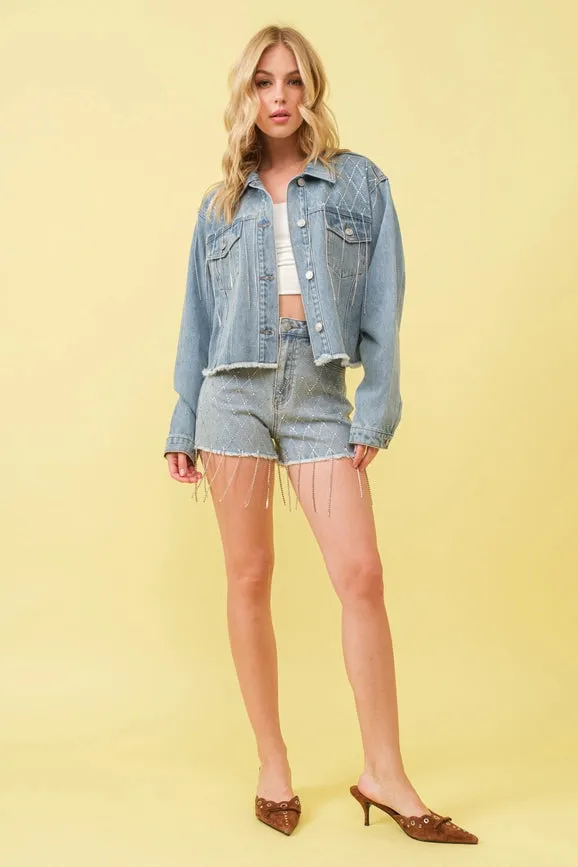 Rhinestone Chain Links Denim Jacket