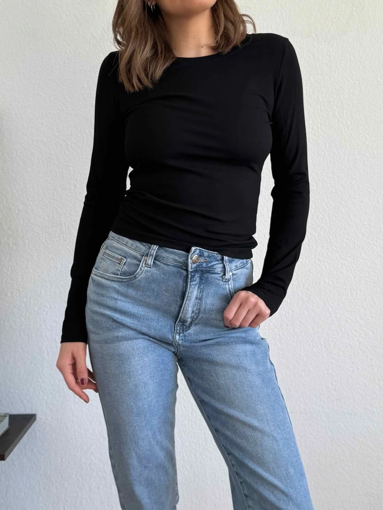 Stretchy Basic Langarm Shirt - Black