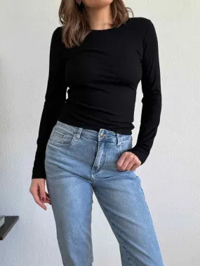 Stretchy Basic Langarm Shirt - Black