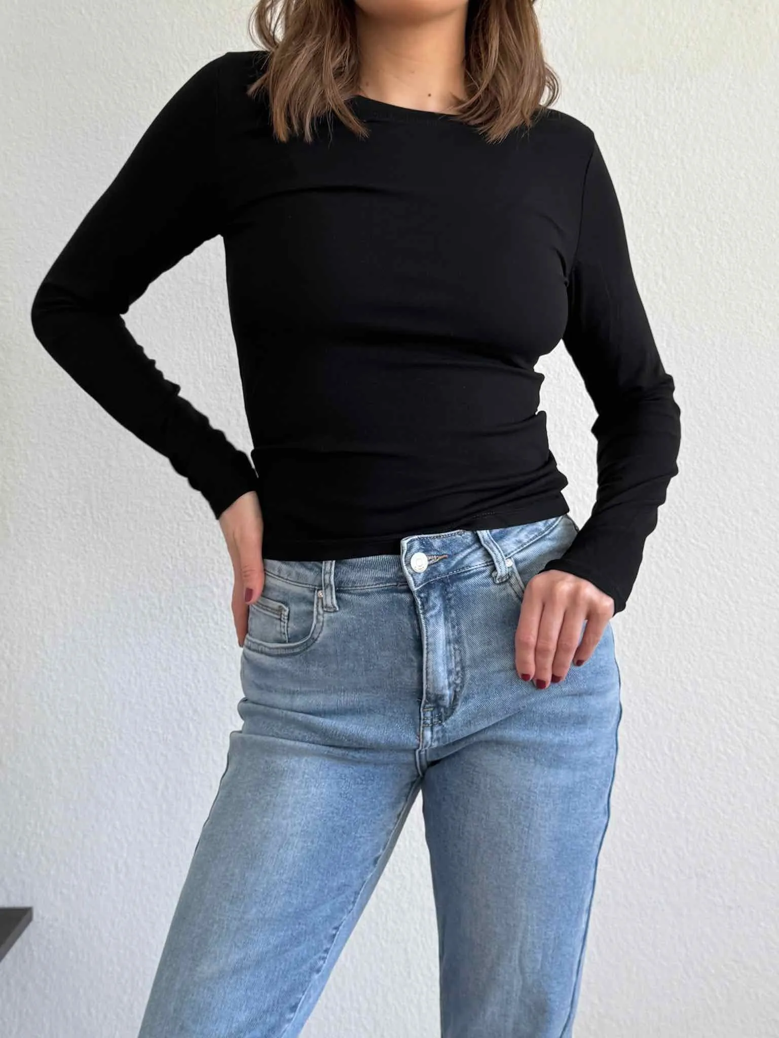 Stretchy Basic Langarm Shirt - Black