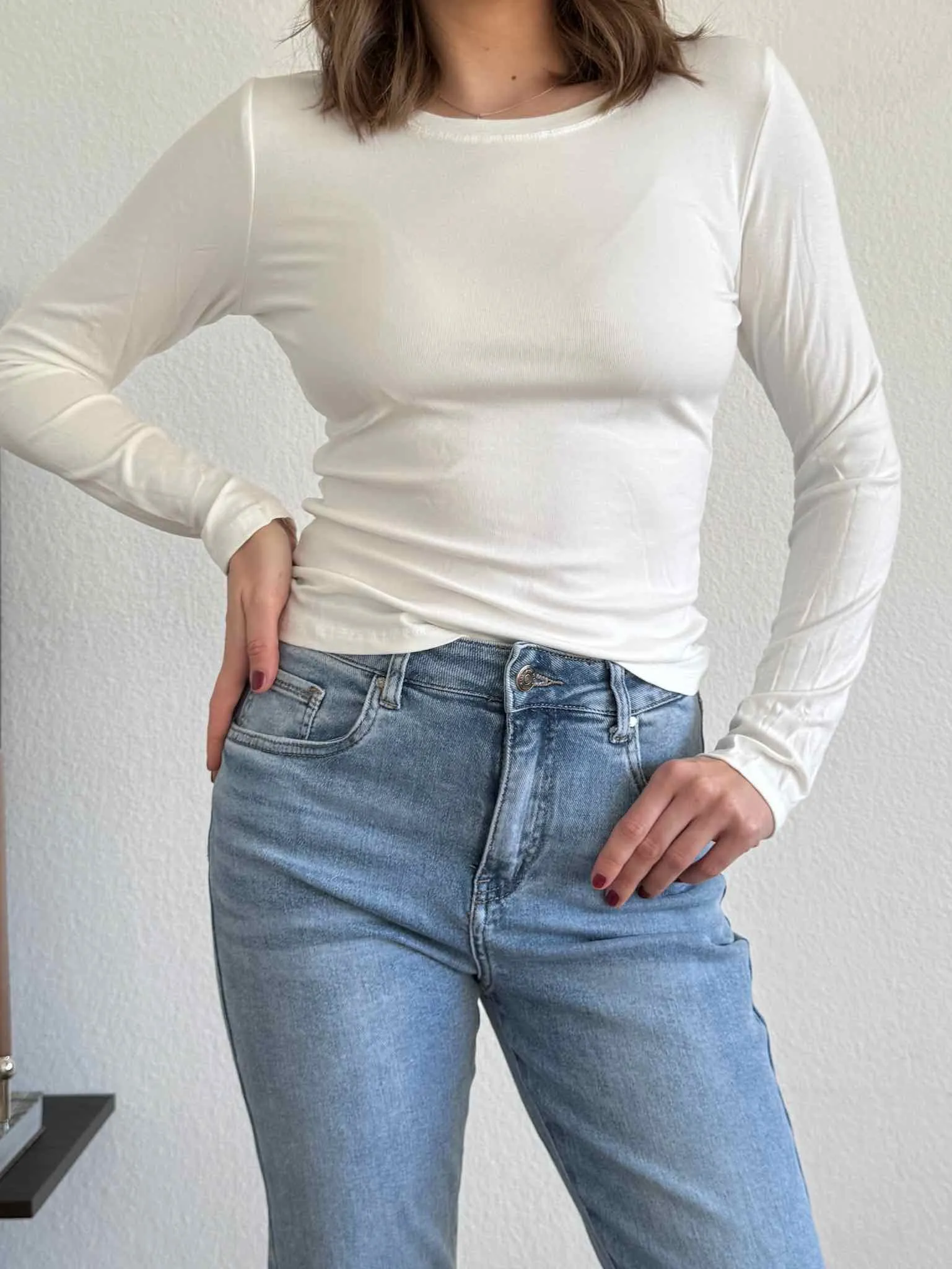 Stretchy Basic Langarm Shirt - White