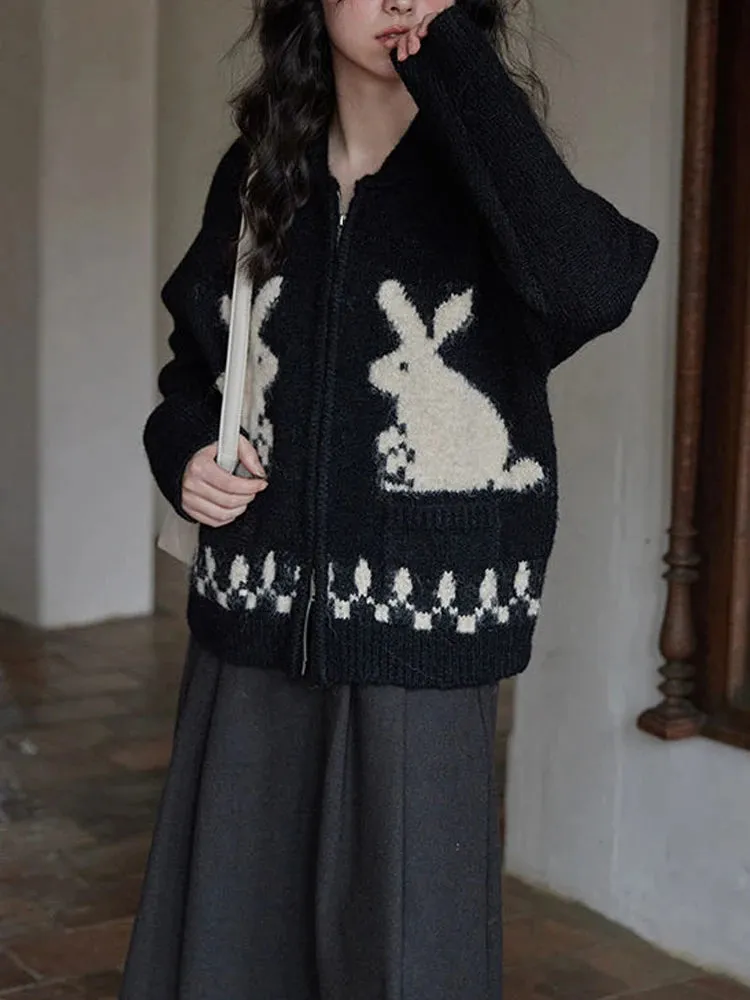 Vintage Style Bunny Rabbit Zip-Up Cardigan