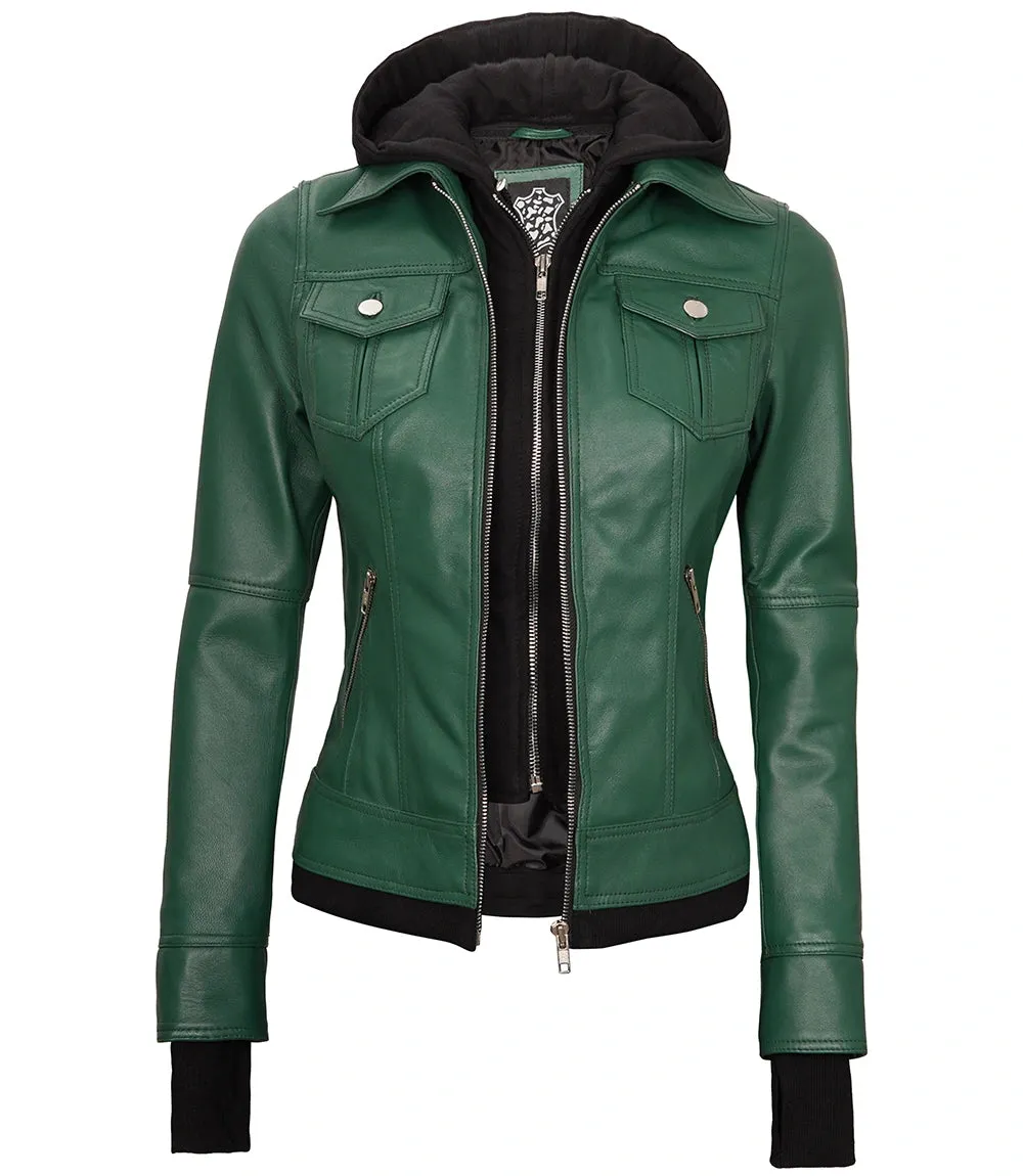 Womens Biker Green Leather Jacket with Hood